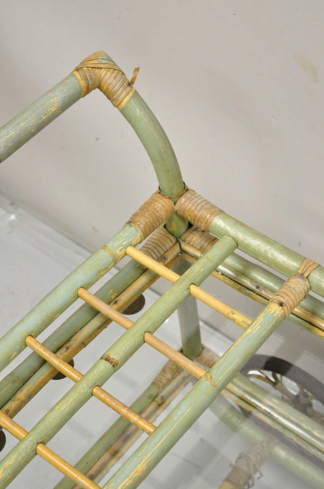 Glass Vintage Boho Chic Bamboo Rattan Bentwood Green 2 Tier Rolling Bar Cart Server For Sale