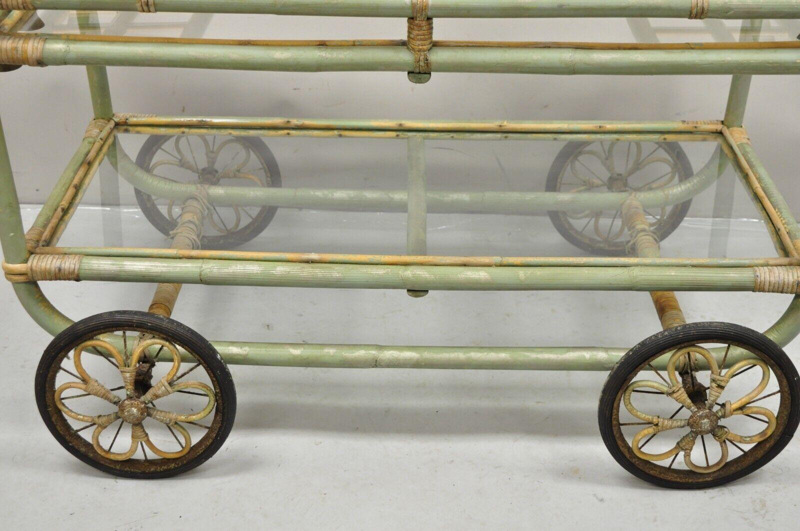 Vintage Boho Chic Bamboo Rattan Bentwood Green 2 Tier Rolling Bar Cart Server For Sale 1