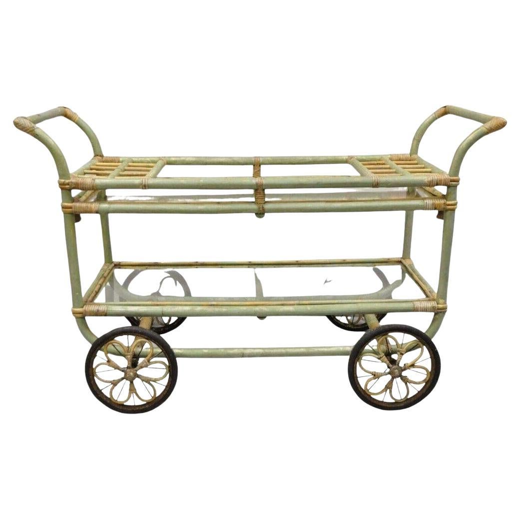 2 Tier-Rollbarwagen-Serviergeschirr aus Bambus, Rattan und Bugholz in Grün, Boho Chic, Vintage