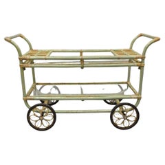 Vintage Boho Chic Bamboo Rattan Bentwood Green 2 Tier Rolling Bar Cart Server