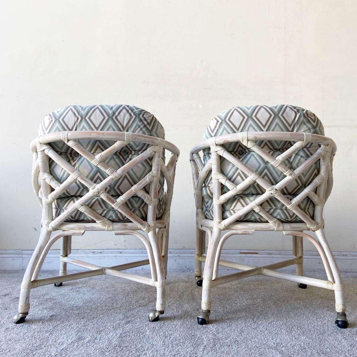Vintage Boho Chic Bamboo Rattan Chippendale Dining Chairs by Henry Link In Good Condition For Sale In Delray Beach, FL