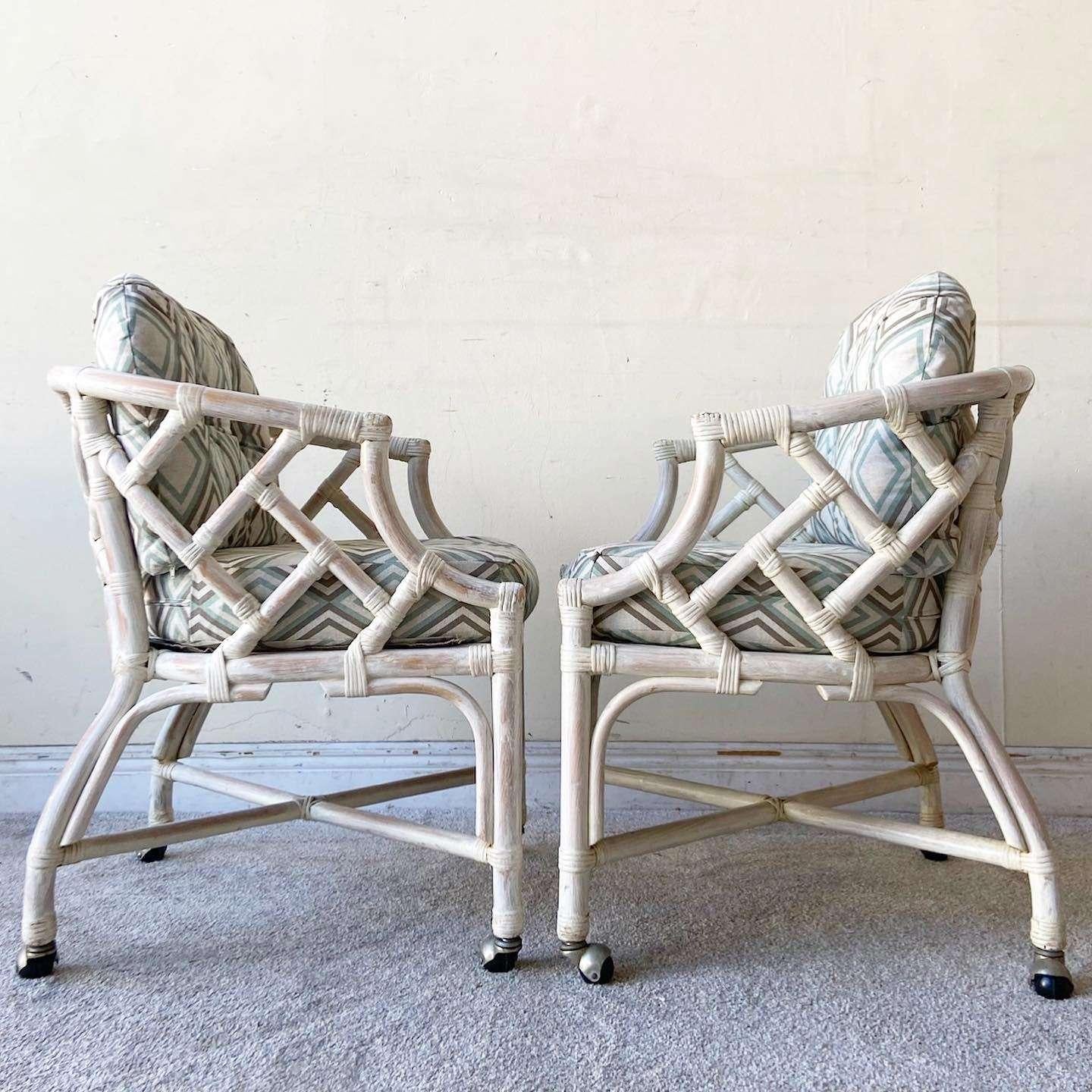 Vintage Boho Chic Bamboo Rattan Chippendale Dining Chairs by Henry Link For Sale 3