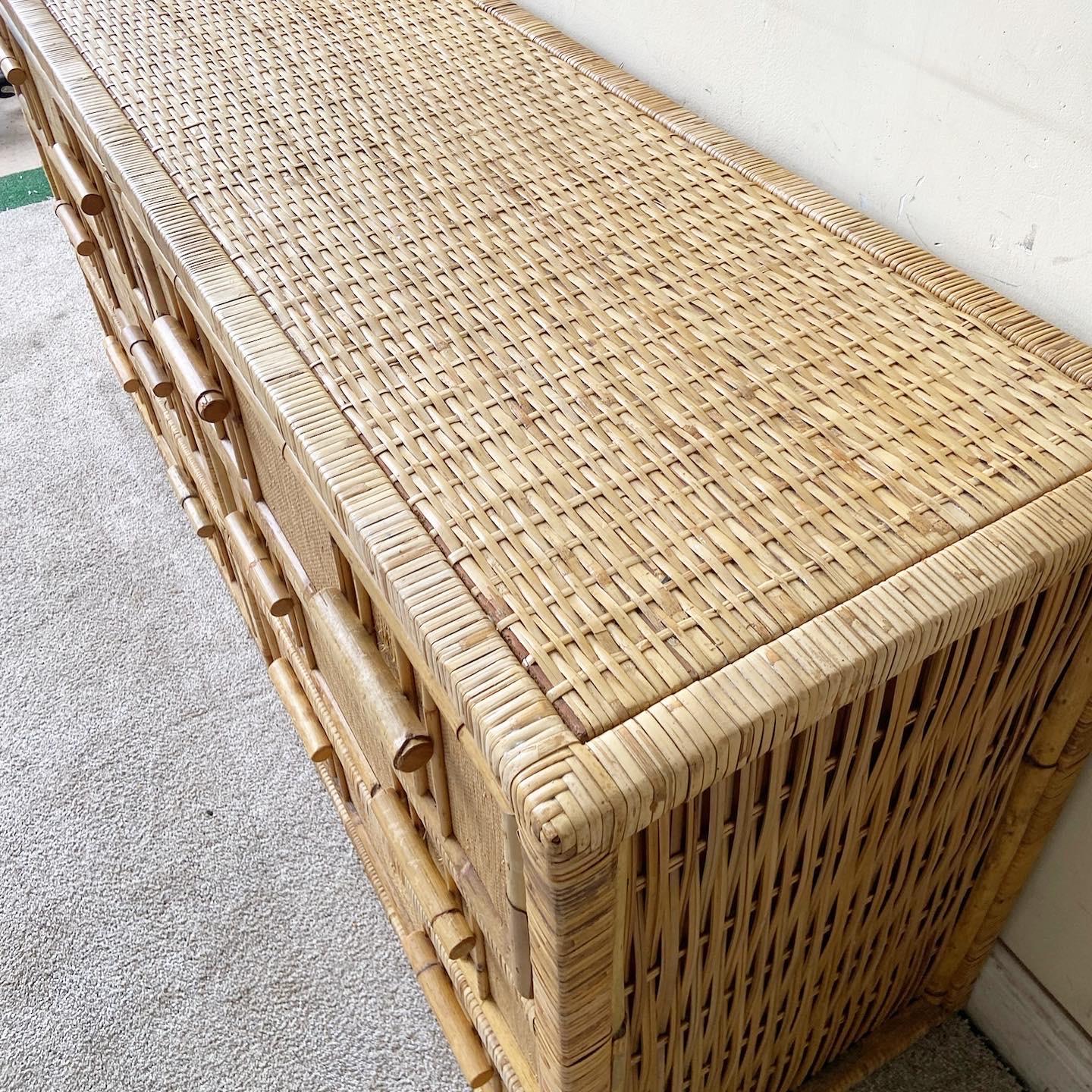 Grasscloth Vintage Boho Chic Bamboo & Rattan Dresser, 6 Drawers