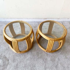 Vintage Boho Chic Bamboo Rattan Oval Side Tables