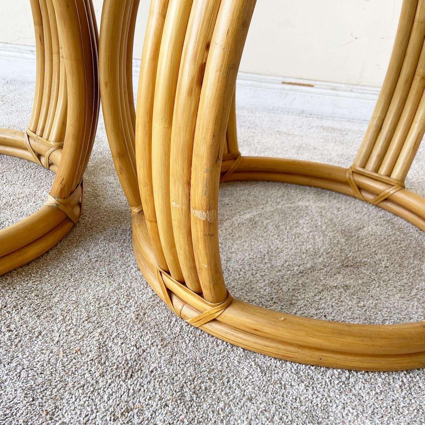 Vintage Boho Chic Bamboo Rattan Oval Side Tables For Sale 1