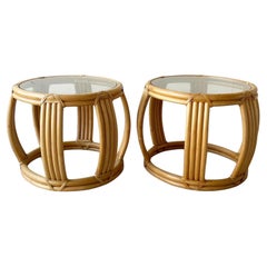 Vintage Boho Chic Bamboo Rattan Oval Side Tables