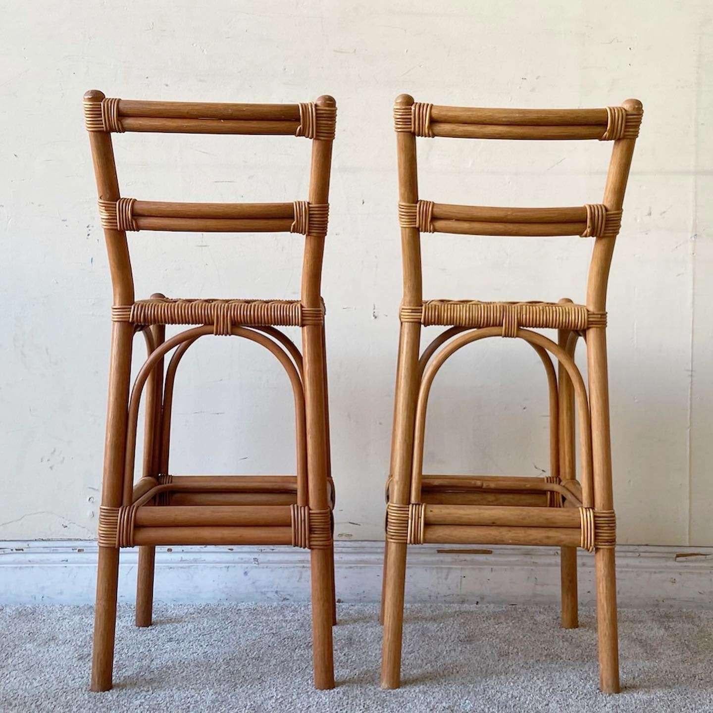 Vintage Boho Chic Bamboo Rattan Stools - Set of 3 For Sale 3