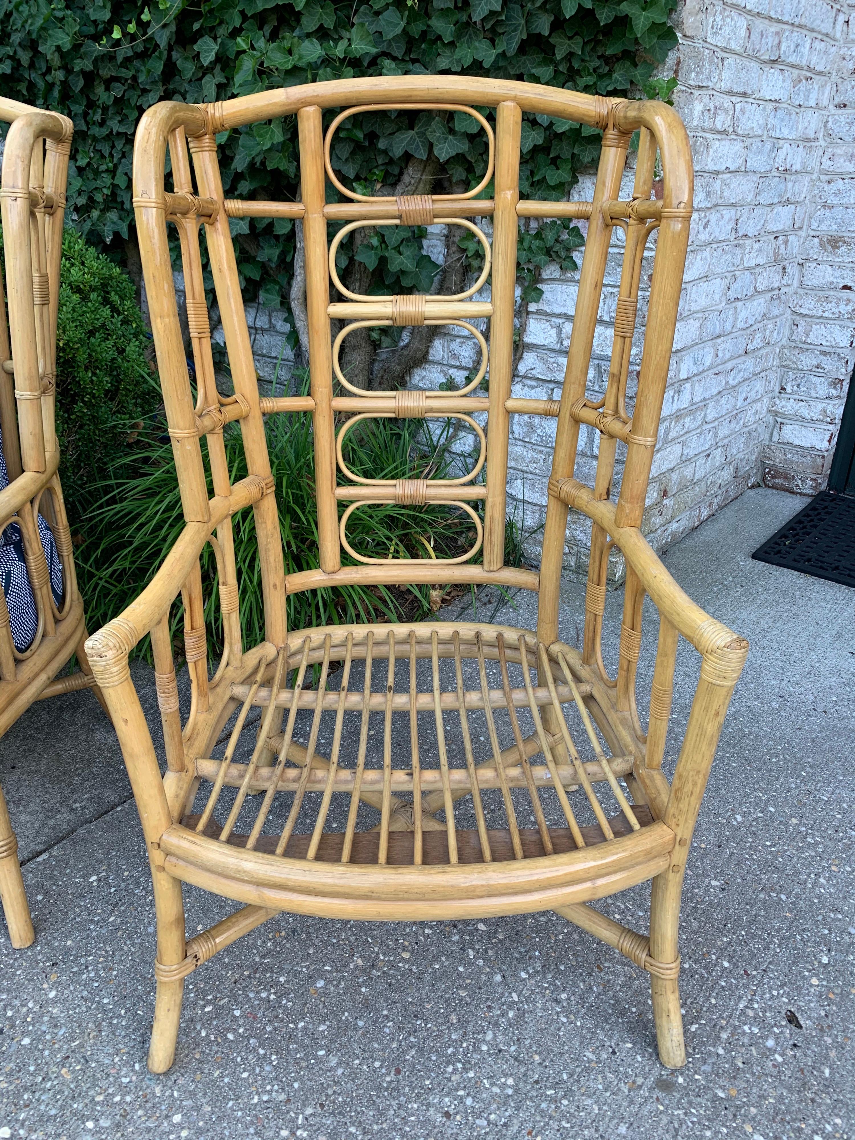 Vintage Boho Chic Bamboo Wingback Armchairs, Pair For Sale 2
