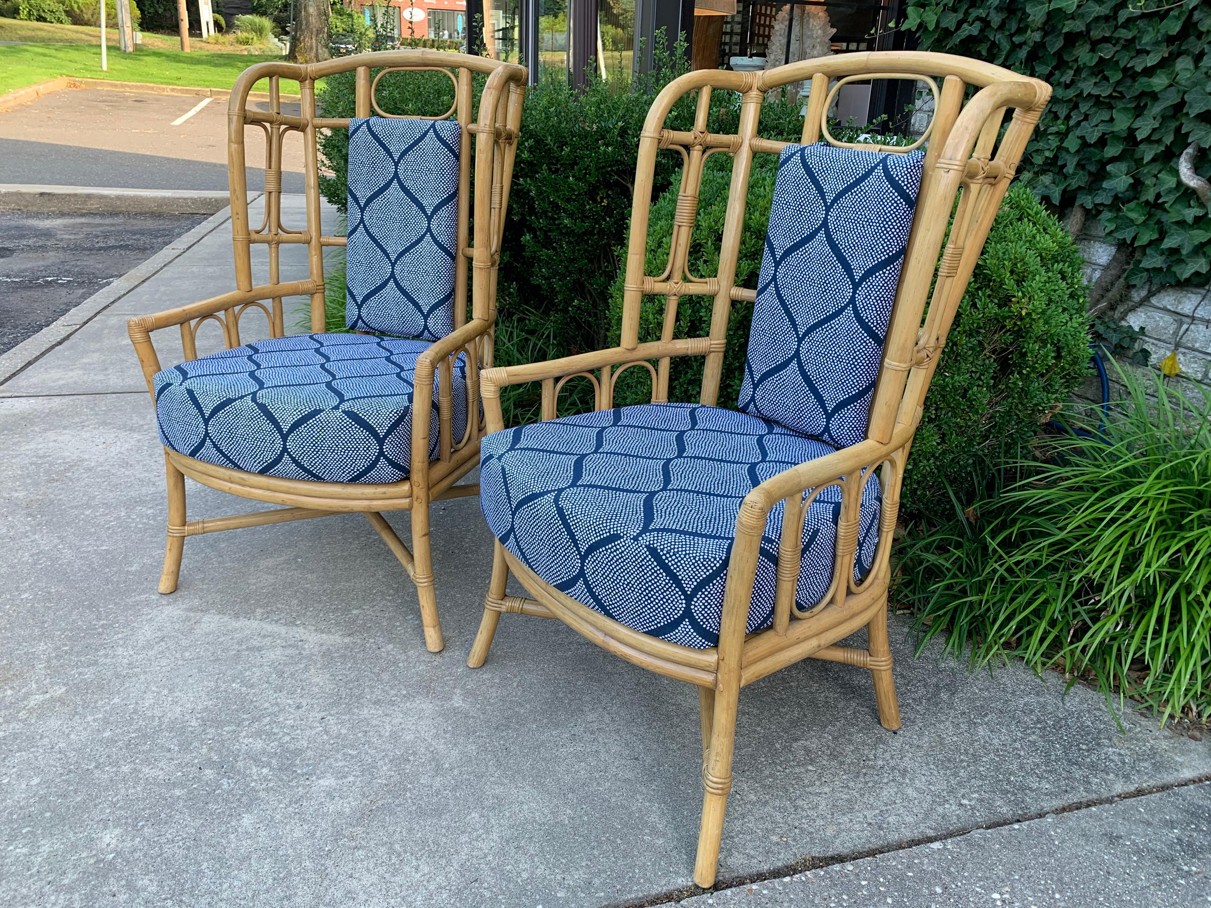 Vintage Boho Chic Bamboo Wingback Armchairs, Pair In Good Condition For Sale In East Hampton, NY