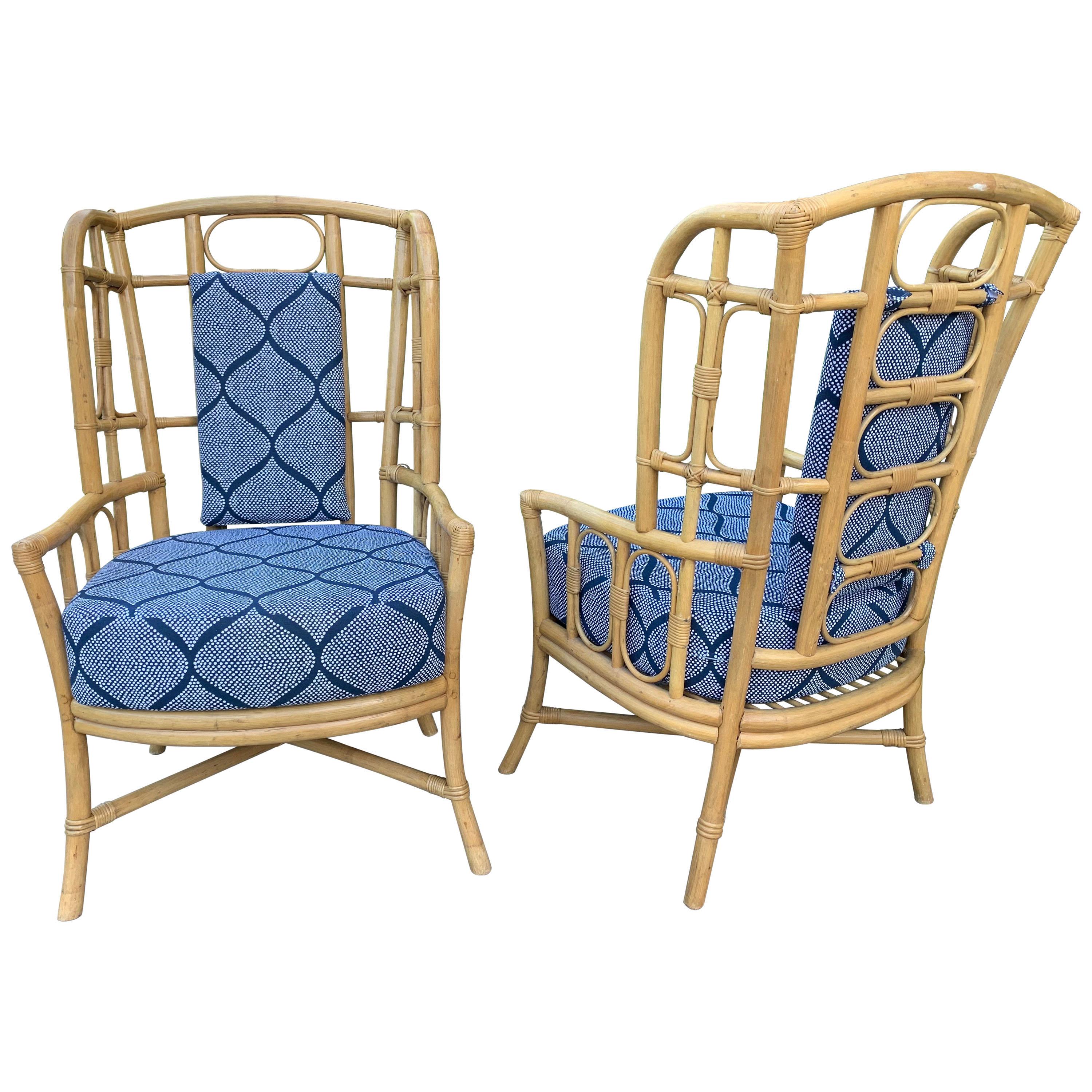 Vintage Boho Chic Bamboo Wingback Armchairs, Pair