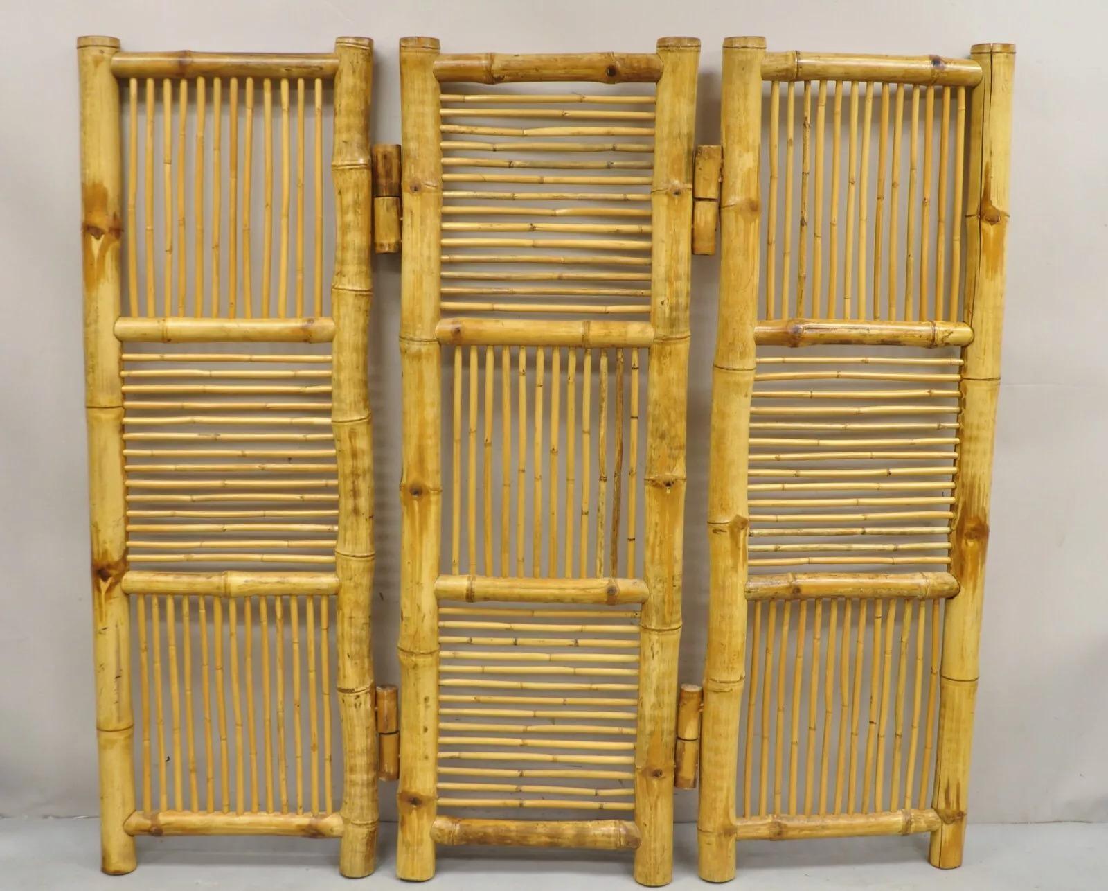 Vintage Boho Chic Bamboo Wood 3 Section Tiki Rattan Room Divider Screen 6