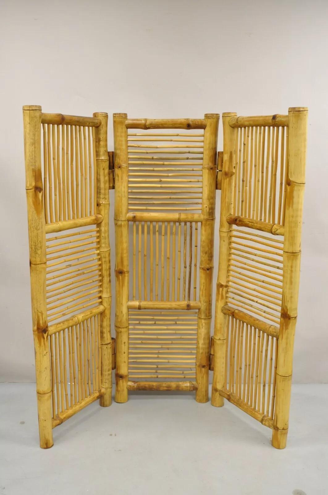 Vintage Boho Chic Fretwork Bamboo Wood 3 Section Tiki Rattan Room Divider Screen. Circa Late 20th Century. Measurements: 67.5