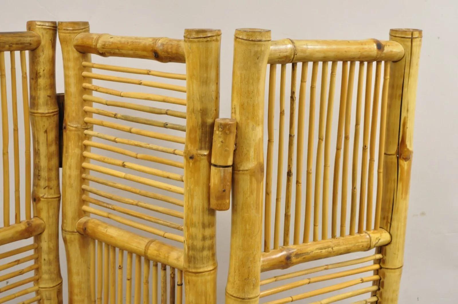 Hollywood Regency Vintage Boho Chic Bamboo Wood 3 Section Tiki Rattan Room Divider Screen