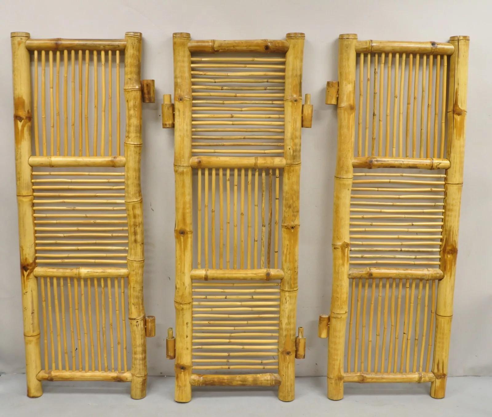 Vintage Boho Chic Bamboo Wood 3 Section Tiki Rattan Room Divider Screen 3
