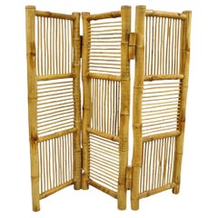 Vintage Boho Chic Bamboo Wood 3 Section Tiki Rattan Room Divider Screen