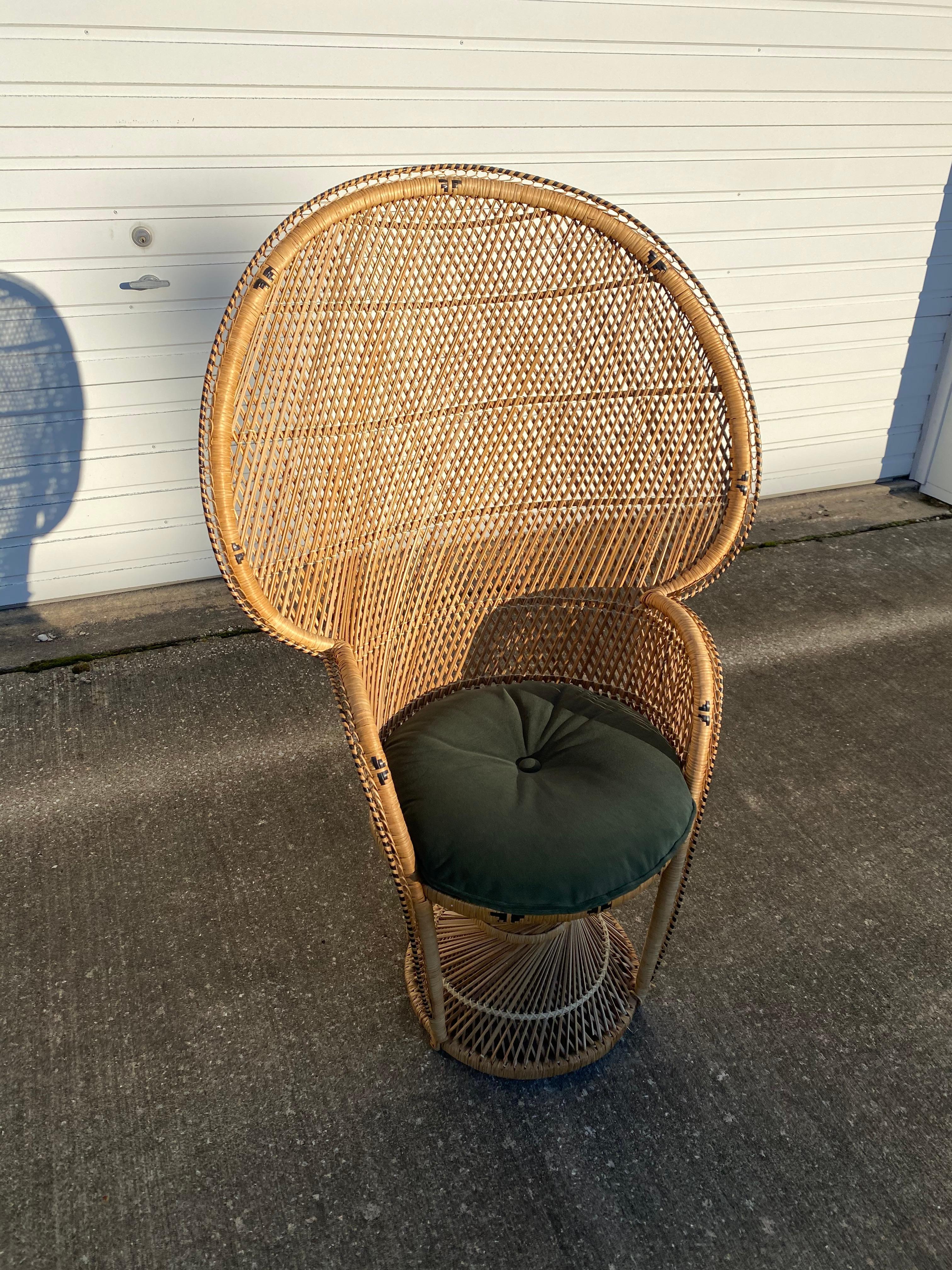 Vintage Boho Chic Beige & Black Wicker Peacock Chair with New Cushion 3