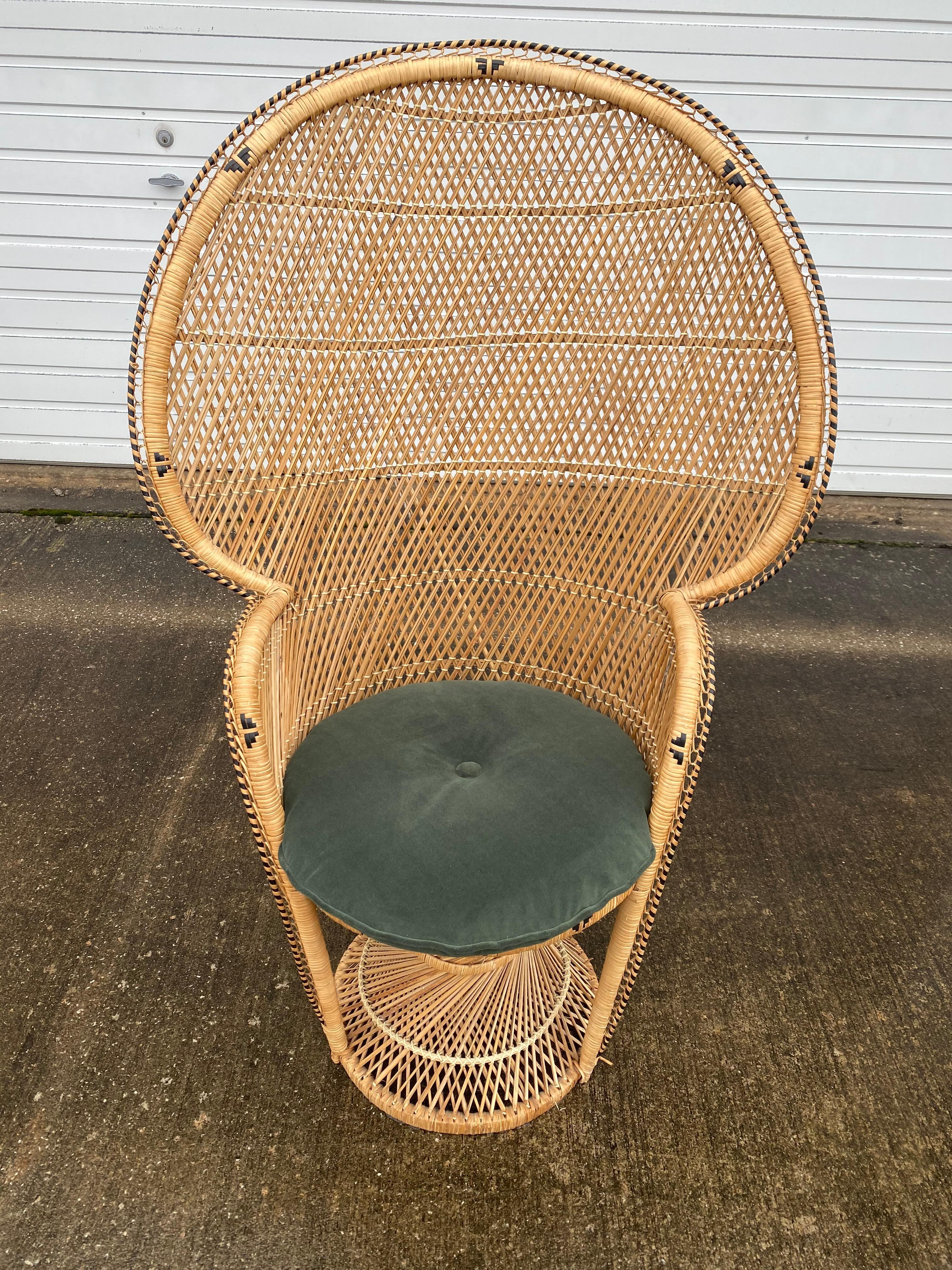 Vintage Boho Chic Beige & Black Wicker Peacock Chair with New Cushion 5