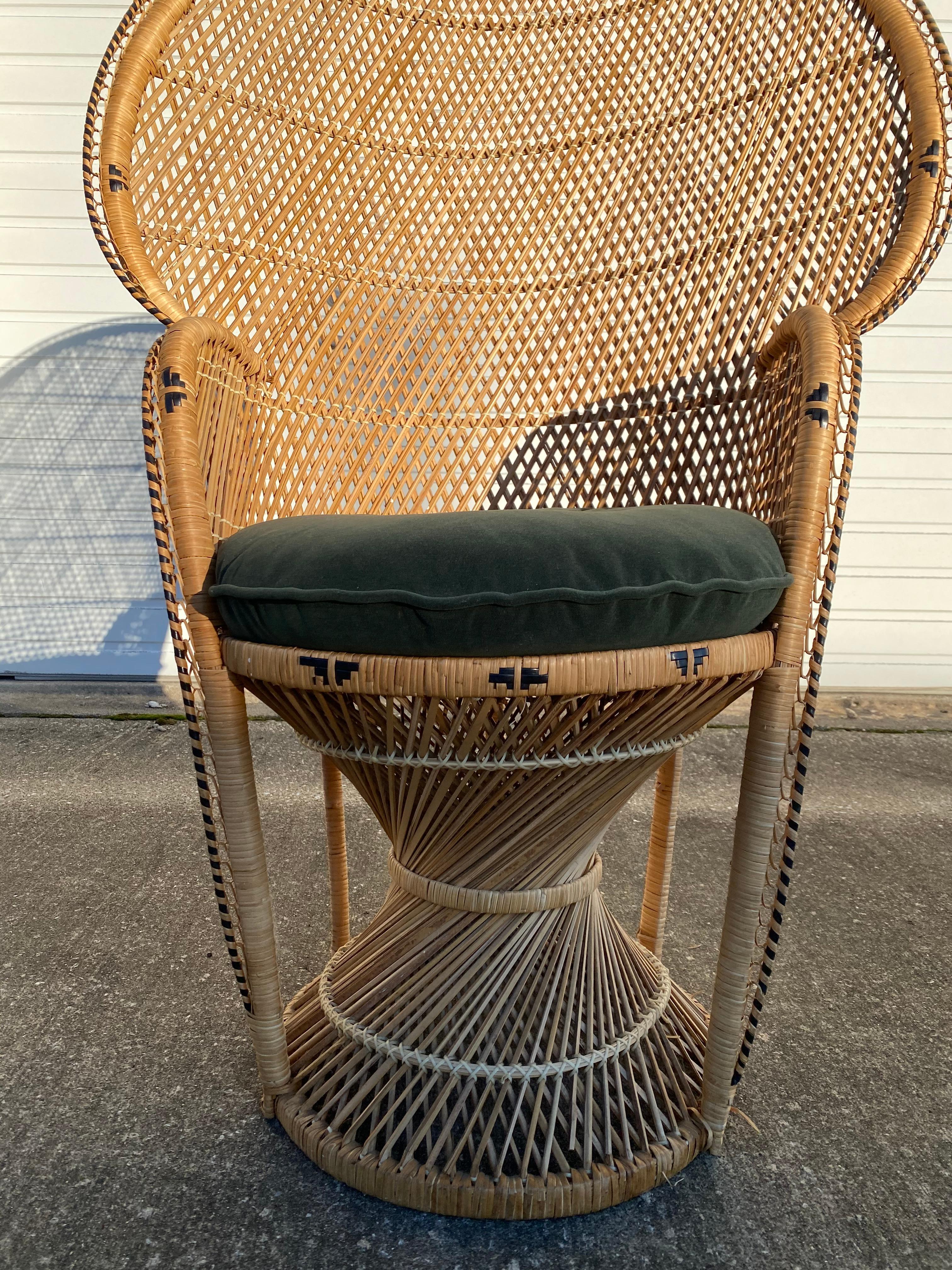 Vintage Boho Chic Beige & Black Wicker Peacock Chair with New Cushion 1