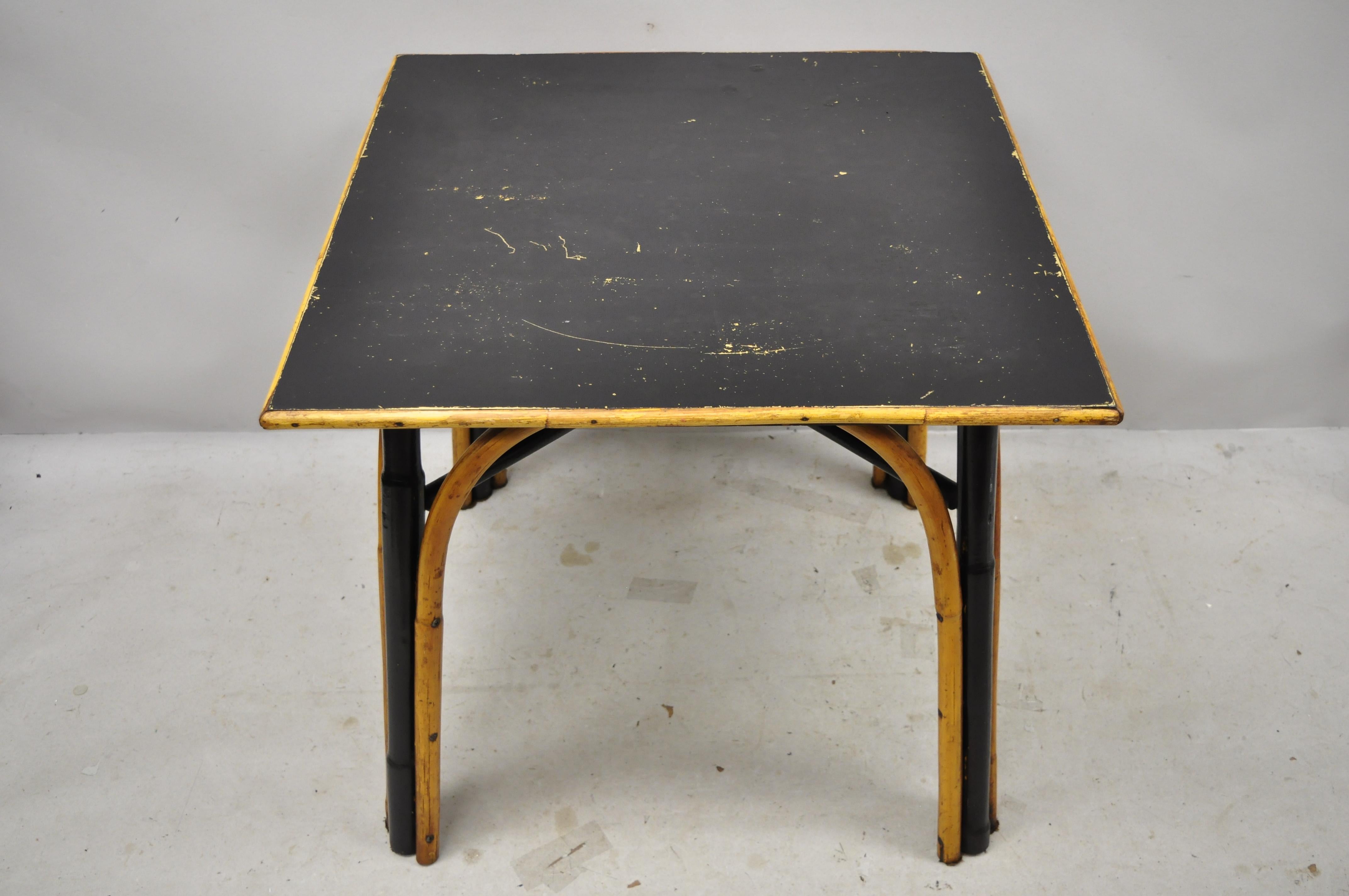 Vintage Boho Chic Bentwood Bamboo Square Card Game Table Wicker Dining Table In Good Condition In Philadelphia, PA