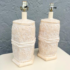 Vintage Boho Chic Ceramic Faux Bamboo and Wicker Table Lamps - A Pair