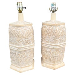 Vintage Boho Chic Ceramic Faux Bamboo and Wicker Table Lamps - A Pair
