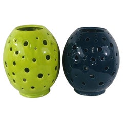 Paire de lampes de table vintage Boho Chic en forme d'oeuf:: faites à la main:: en vert et bleu