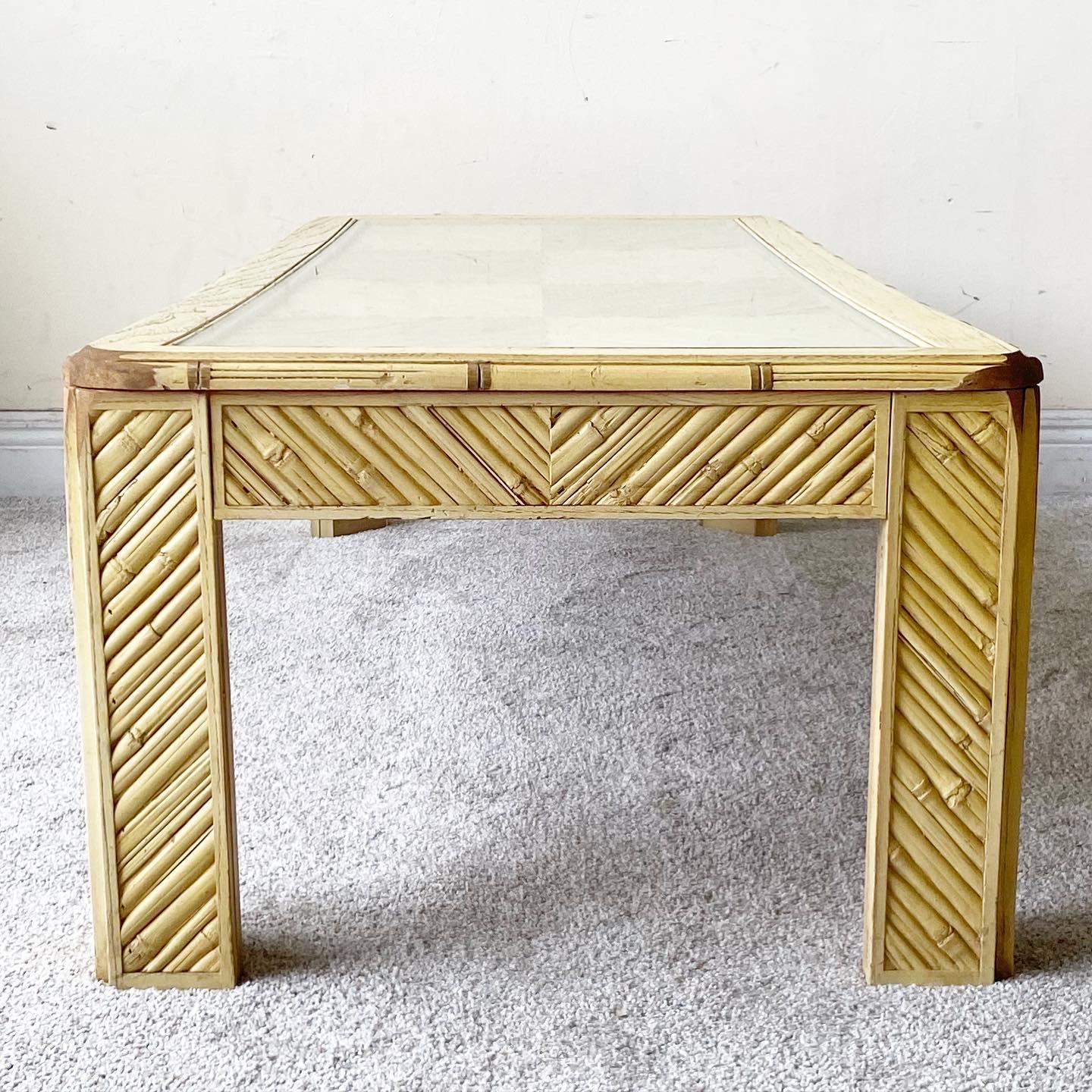 Bohemian Vintage Boho Chic Faux Bamboo and Reed Glass Top Coffee Table For Sale