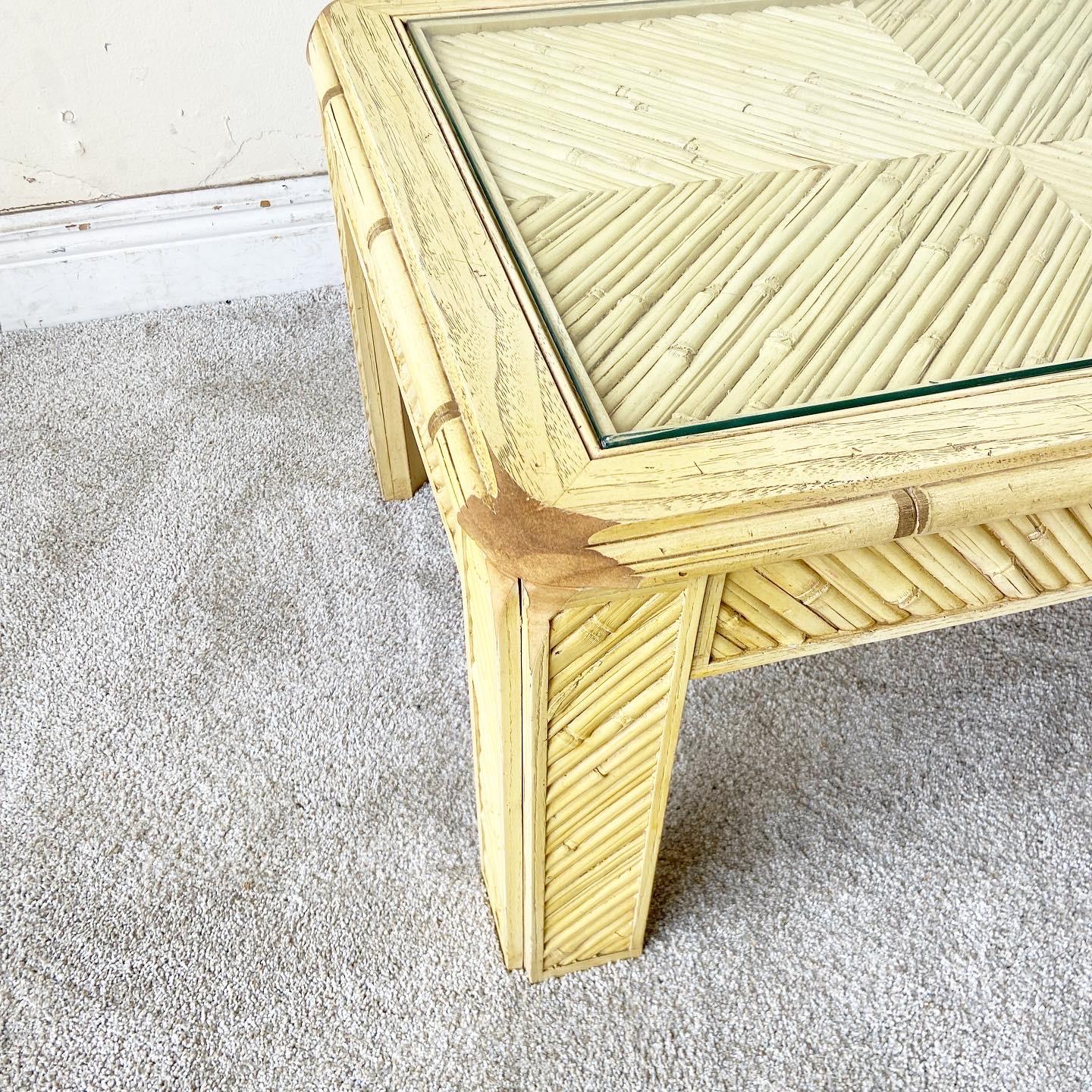 American Vintage Boho Chic Faux Bamboo and Reed Glass Top Coffee Table