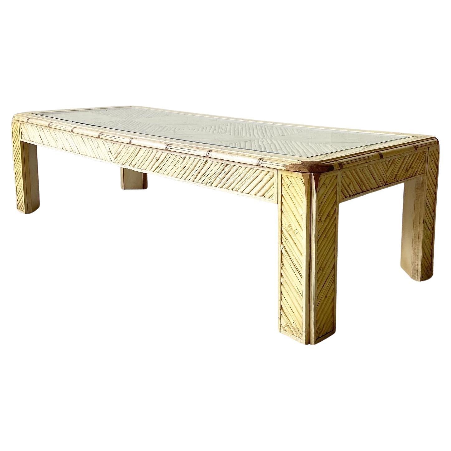 Vintage Boho Chic Faux Bamboo and Reed Glass Top Coffee Table For Sale