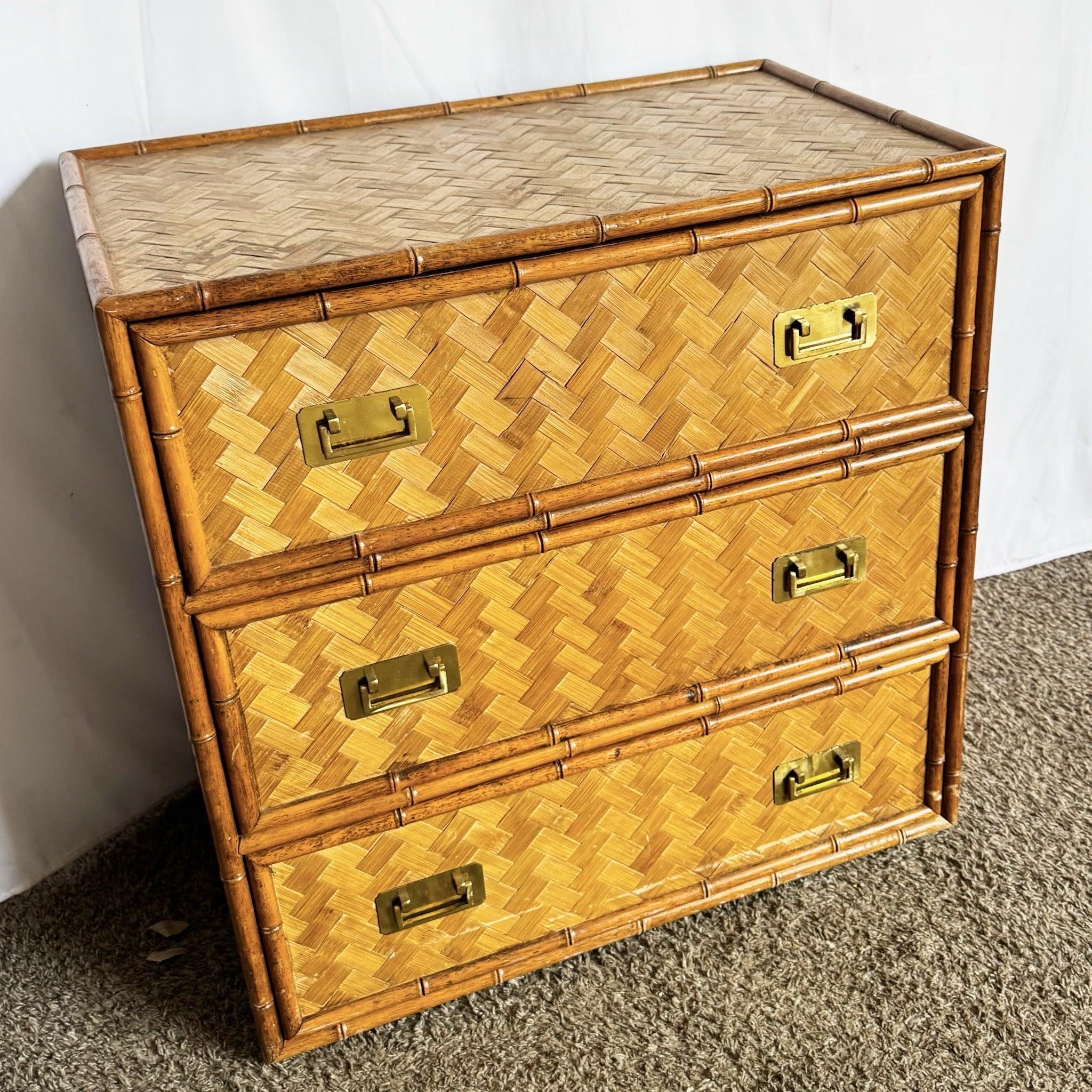 Elevate interiors with this Vintage Faux Bamboo Chest—where herringbone texture meets timeless elegance.
 
 We sell items as acquired, without restoring or repairing. Vintage pieces may have age-related wear. Review photos carefully, ask questions,