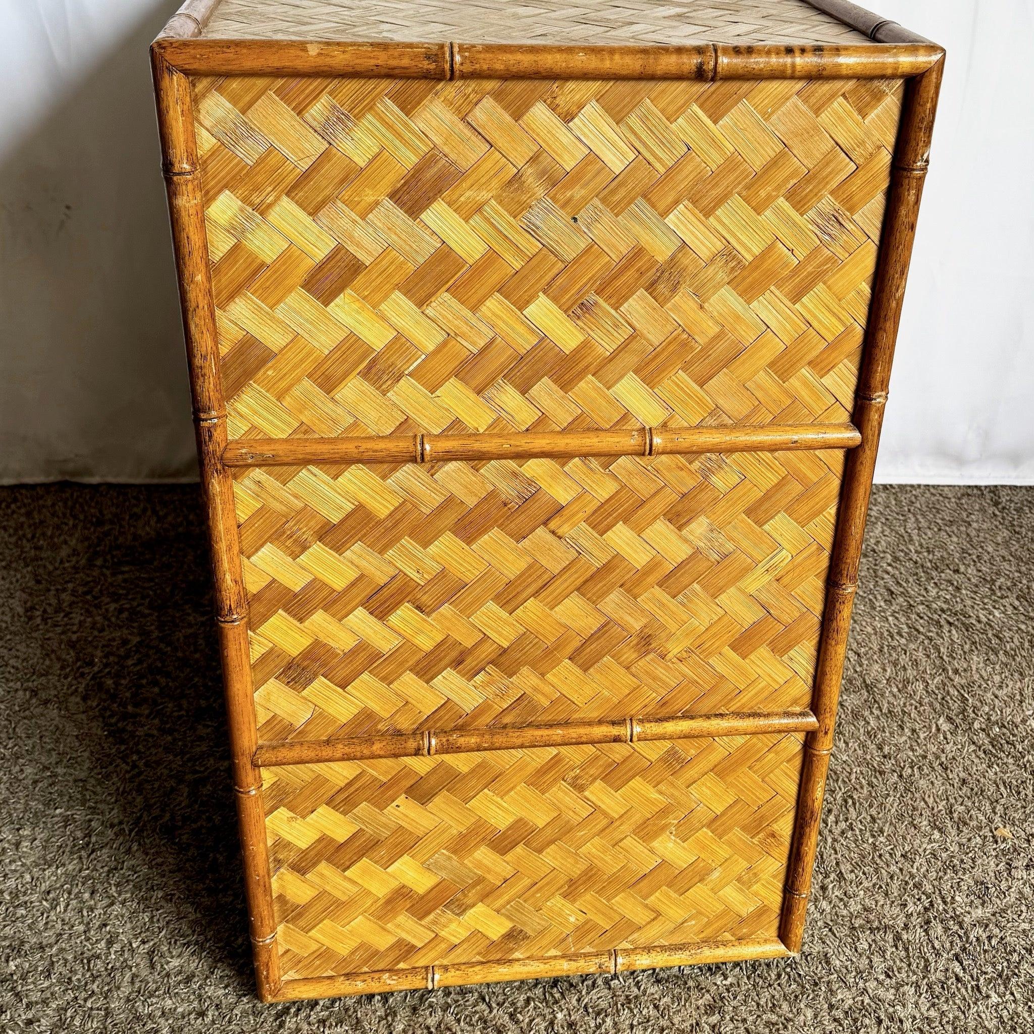 Philippine Vintage Boho Chic Faux Bamboo Herringbone Wicker Chest of Drawers For Sale