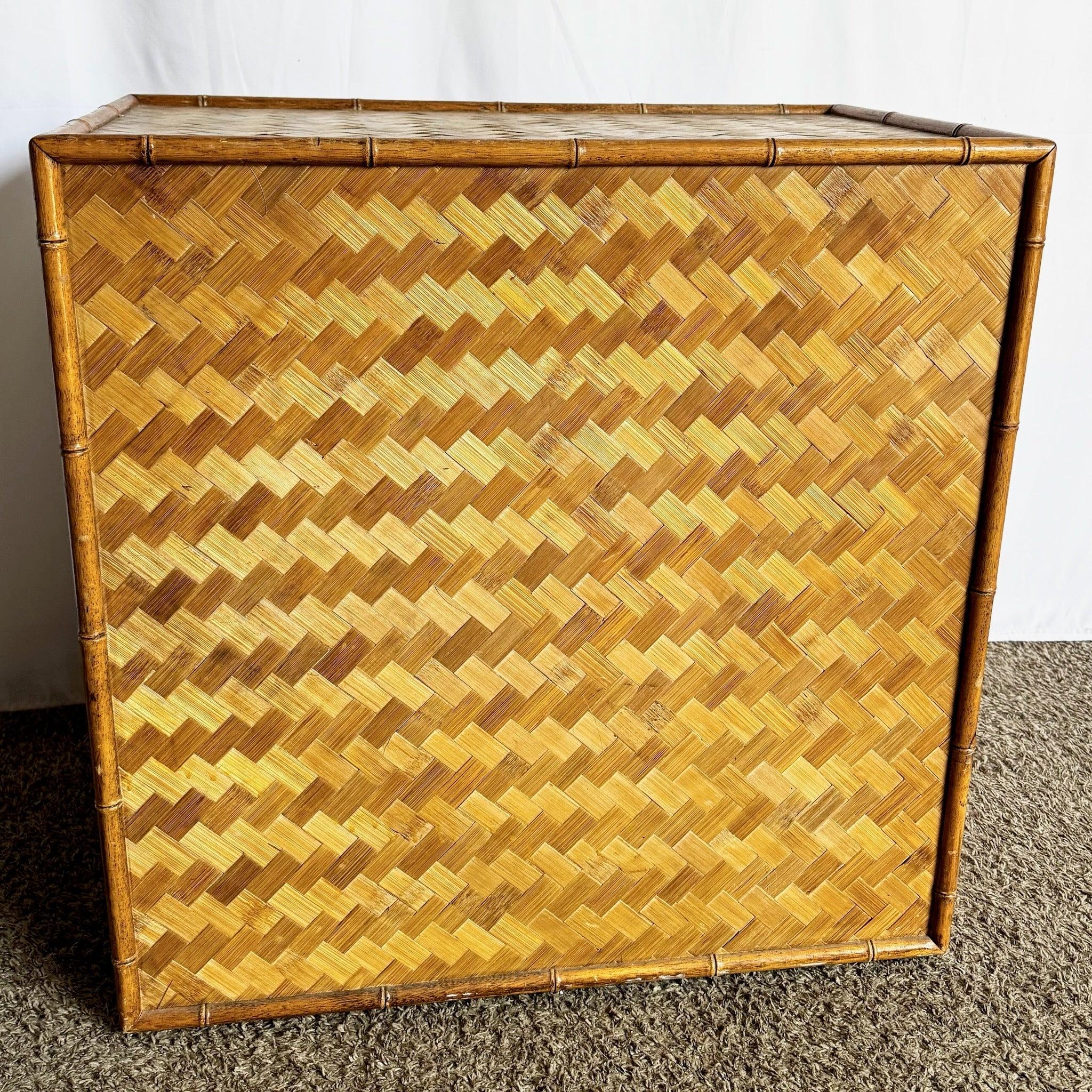 Vintage Boho Chic Faux Bamboo Herringbone Wicker Chest of Drawers In Good Condition For Sale In Delray Beach, FL