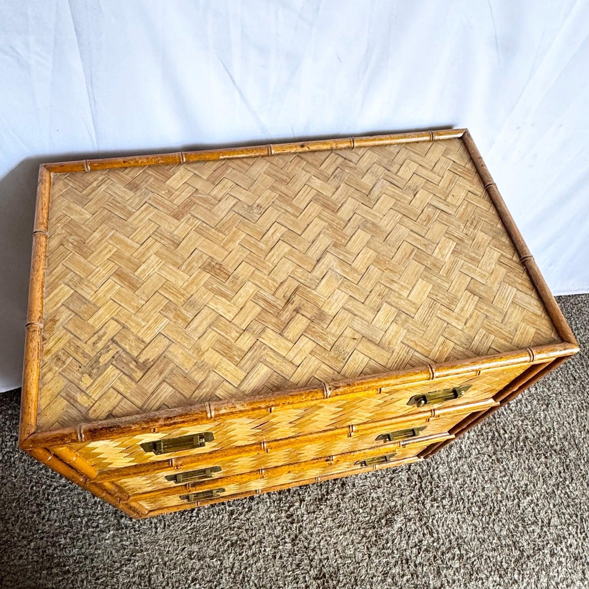 Vintage Boho Chic Faux Bamboo Herringbone Wicker Chest of Drawers For Sale 1