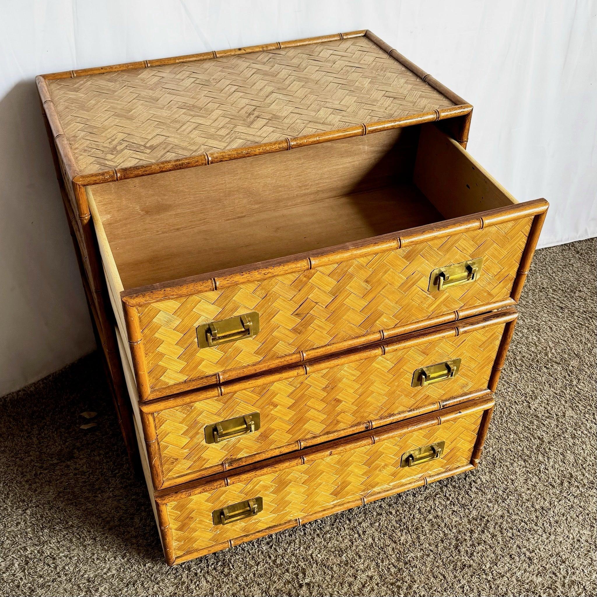 Vintage Boho Chic Faux Bamboo Herringbone Wicker Chest of Drawers For Sale 2