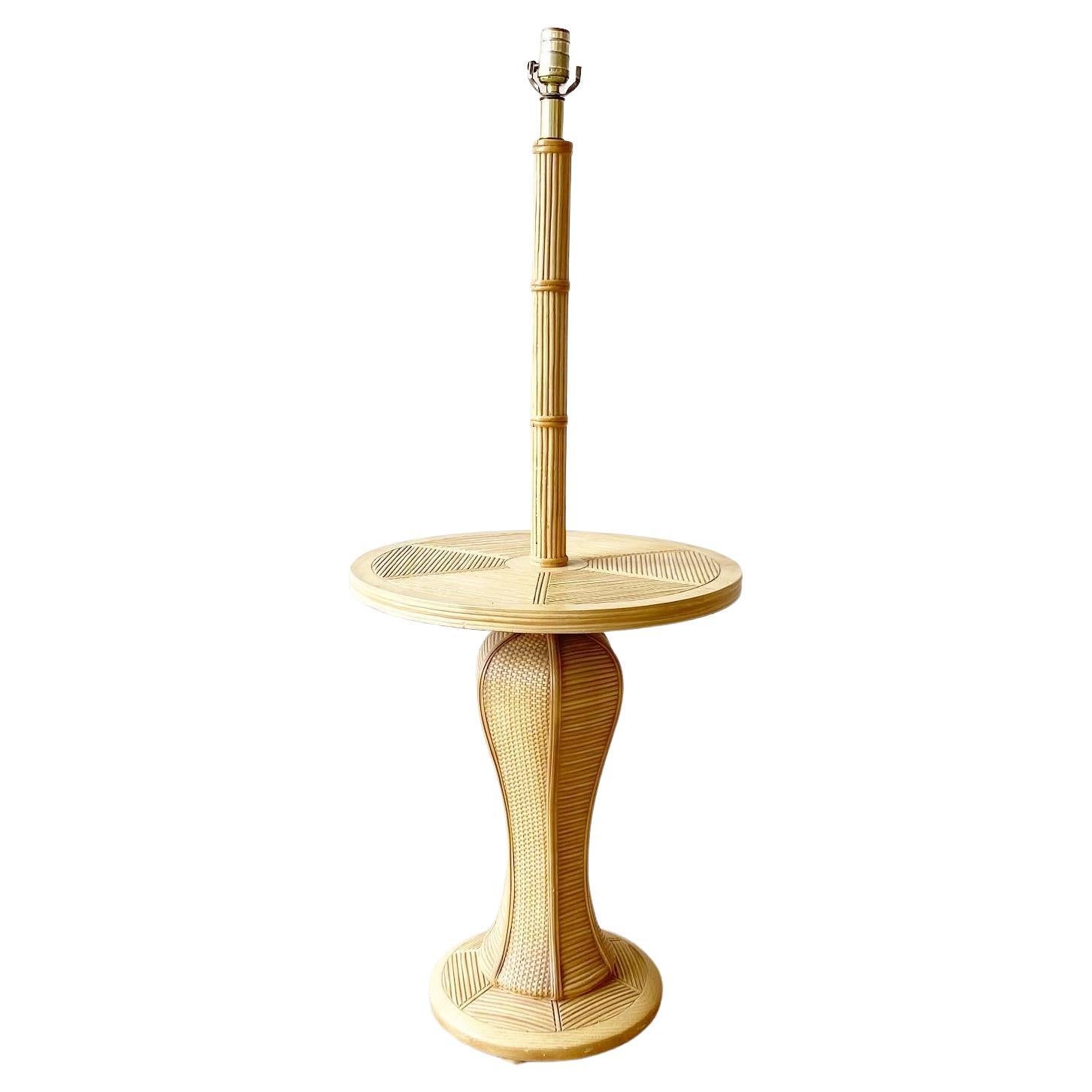 Boho Chic Twisted Pencil Reed Floor Lamp/Side Table For Sale at 1stDibs