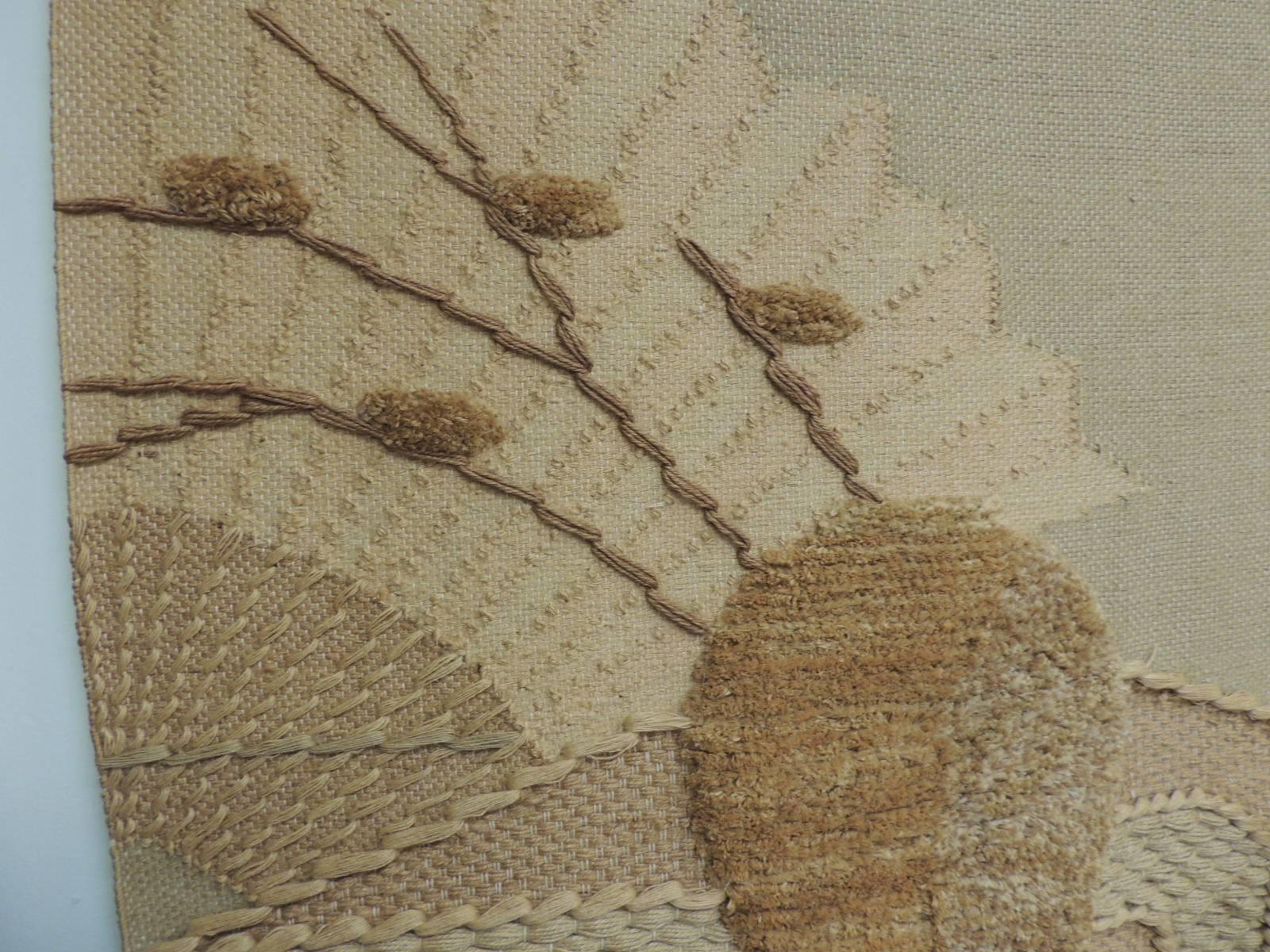 This item is part of our 7Th Anniversary SALE:
Woven burlap with macramé, linen and raffia. The tapestry has a tri-dimensional 
depth because the woven plants and pots are stitched in tri-dimensional techniques. 
Artisanal, handmade in the USA,