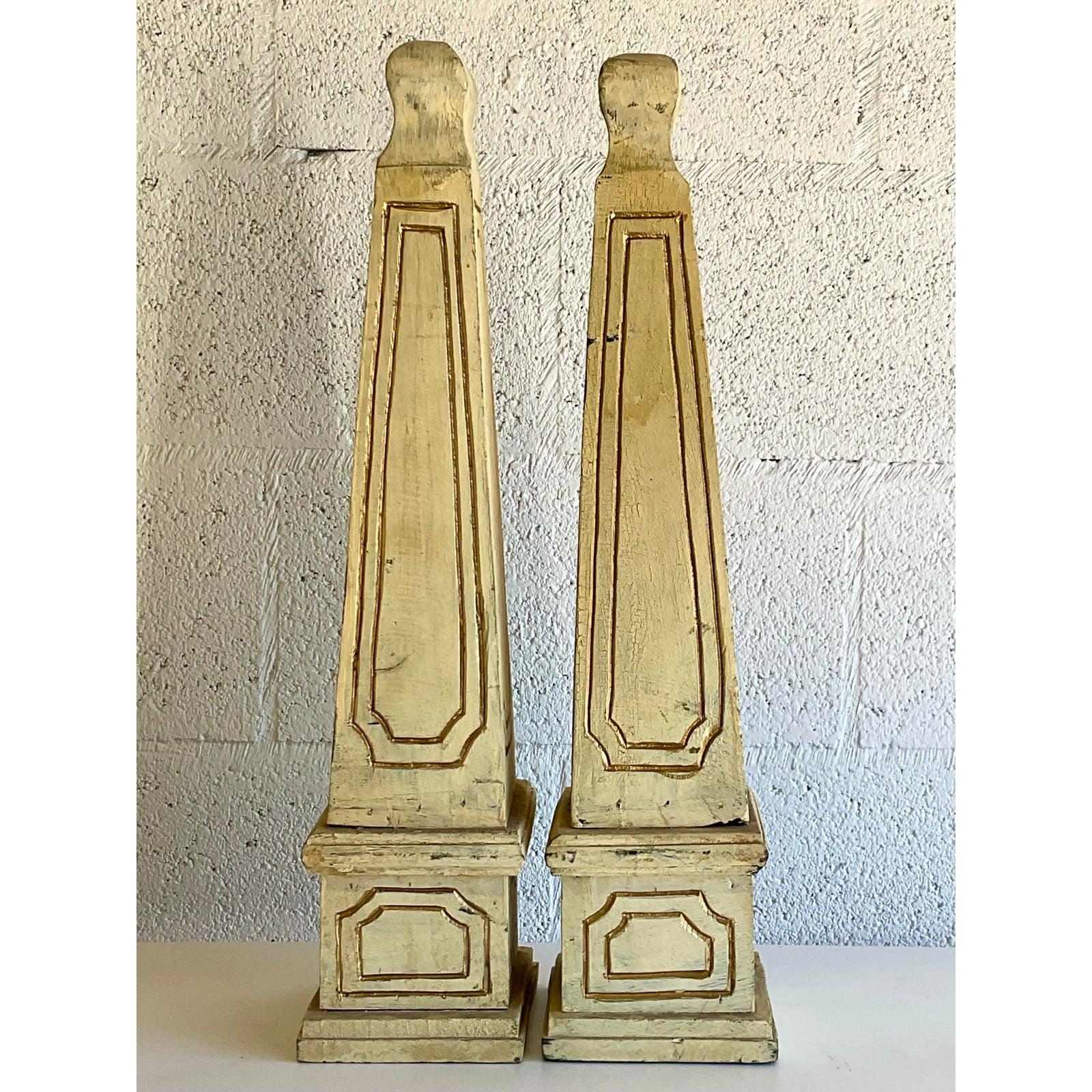 North American Vintage Boho Chic Hand Carved Obelisks, a Pair