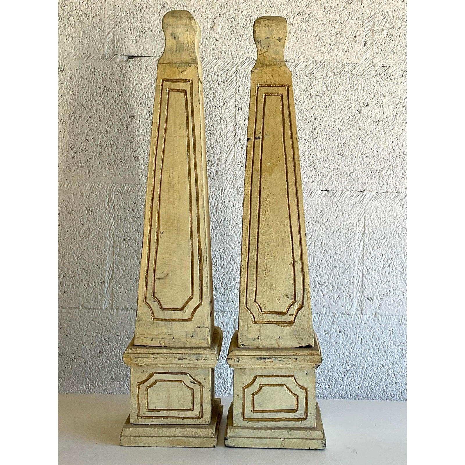 20th Century Vintage Boho Chic Hand Carved Obelisks, a Pair