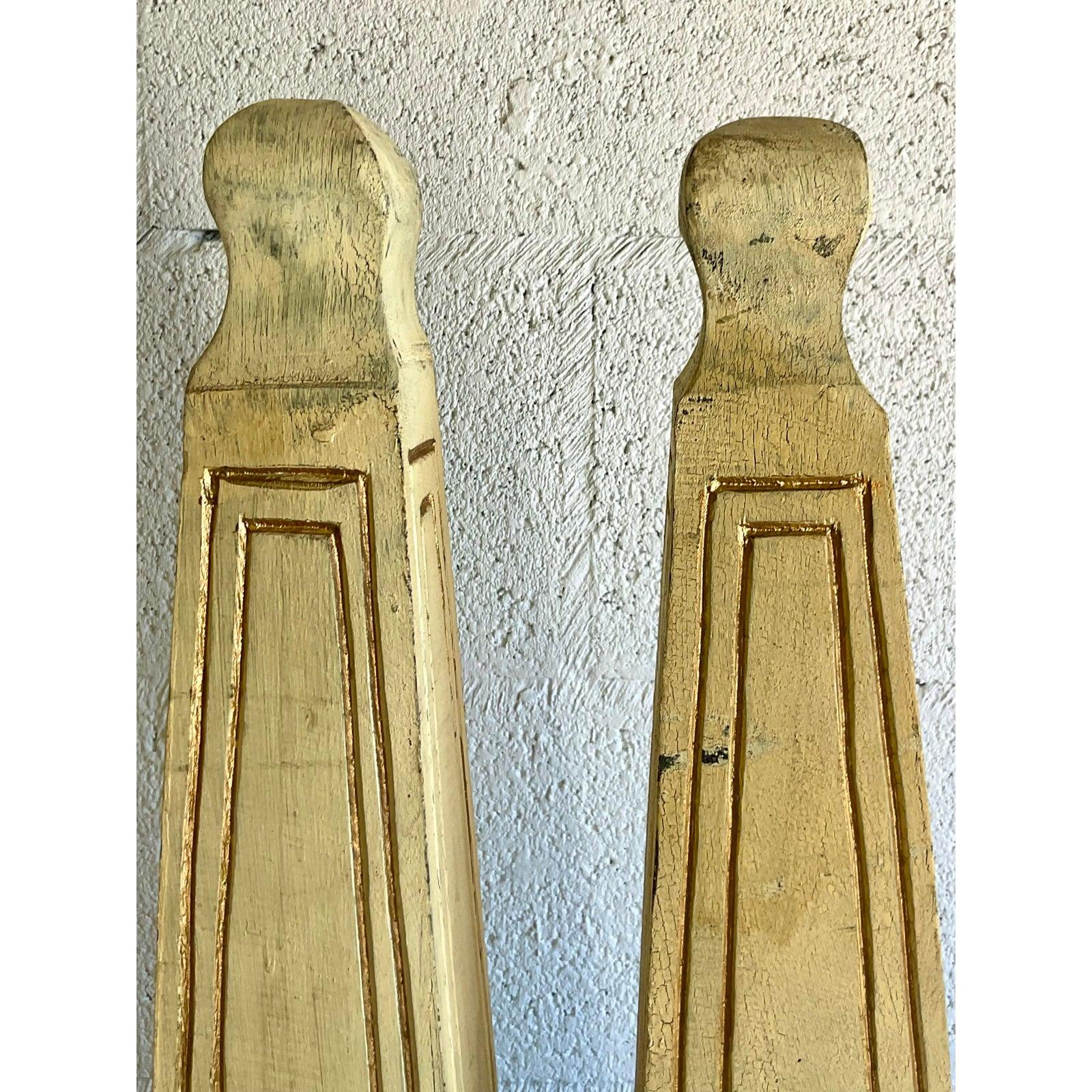 Wood Vintage Boho Chic Hand Carved Obelisks, a Pair