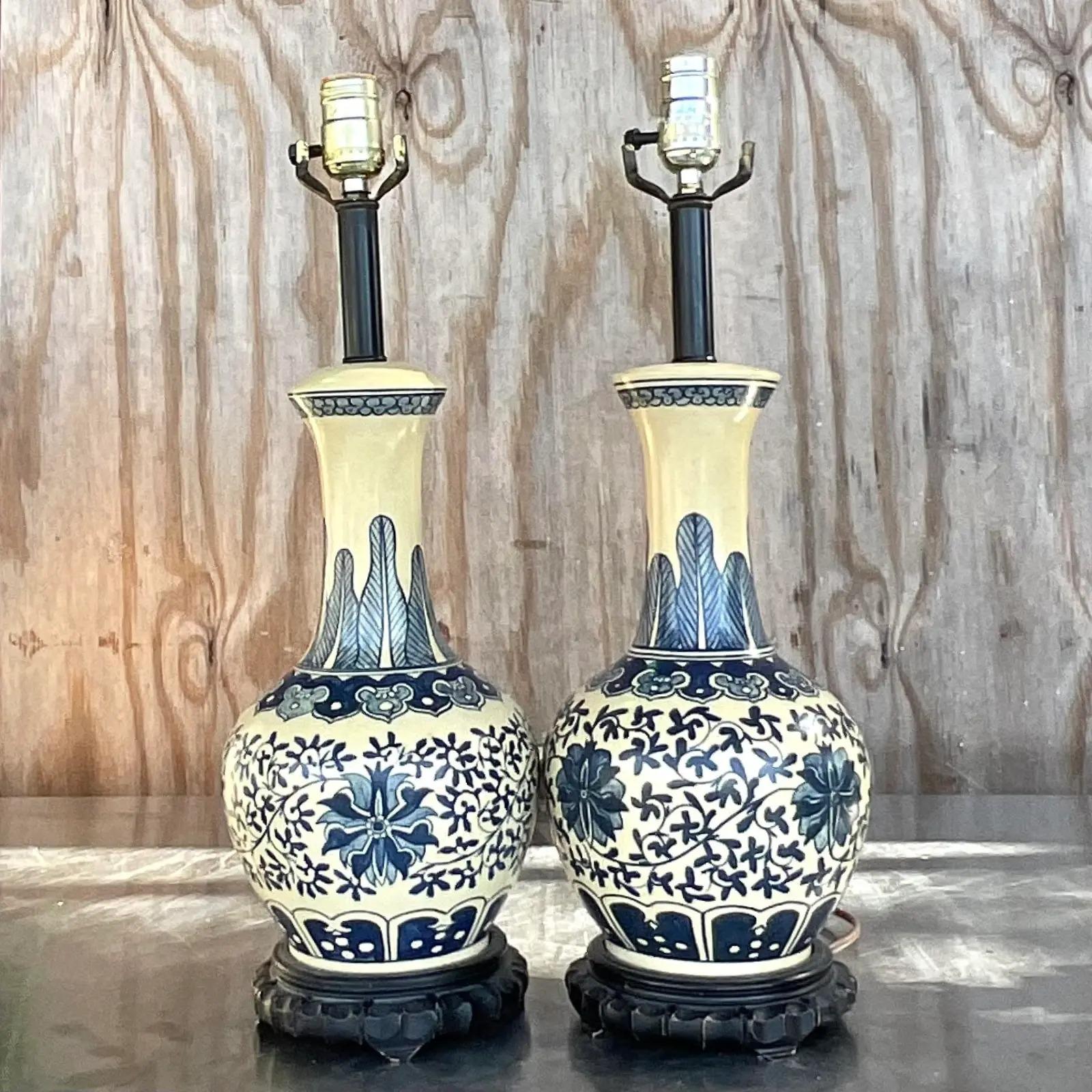 North American Vintage Boho Chic Hand Painted Gourd Lamps - a Pair For Sale
