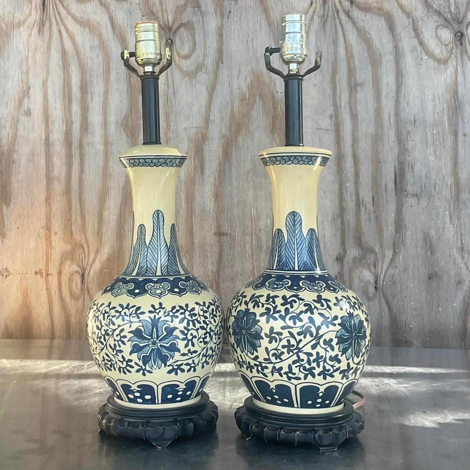 Vintage Boho Chic Hand Painted Gourd Lamps - a Pair In Good Condition For Sale In west palm beach, FL