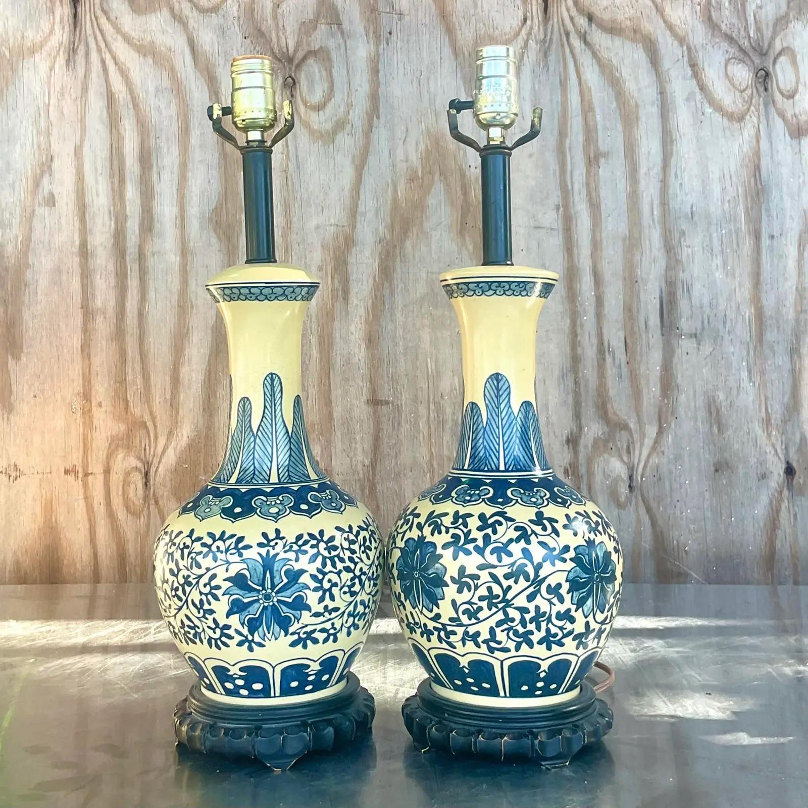 Céramique Paire de lampes vintage Boho Chic en forme de gourde peinte à la main en vente