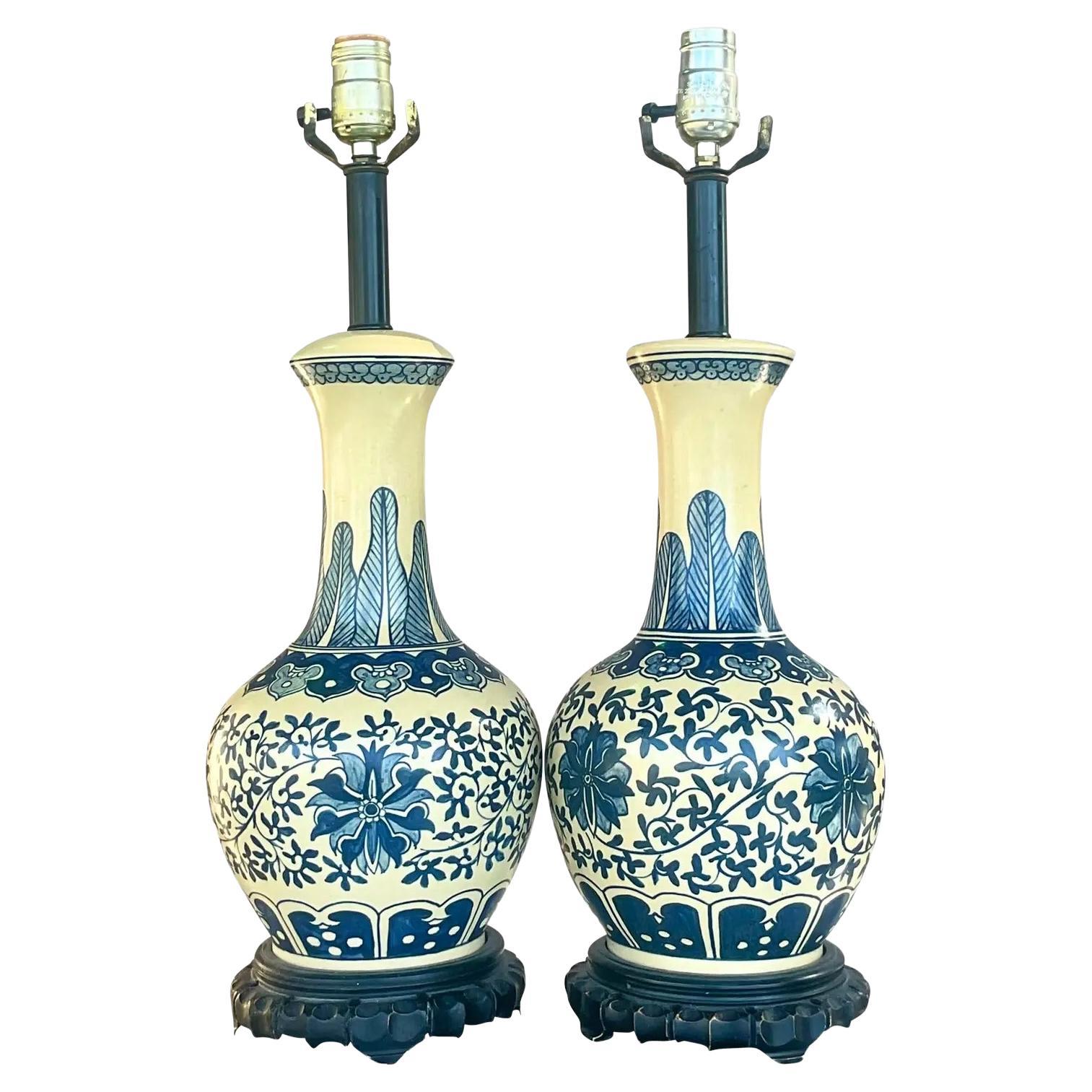 Vintage Boho Chic Hand Painted Gourd Lamps, a Pair