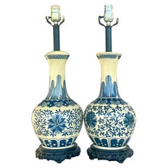 Vintage Boho Chic Hand Painted Gourd Lamps - a Pair