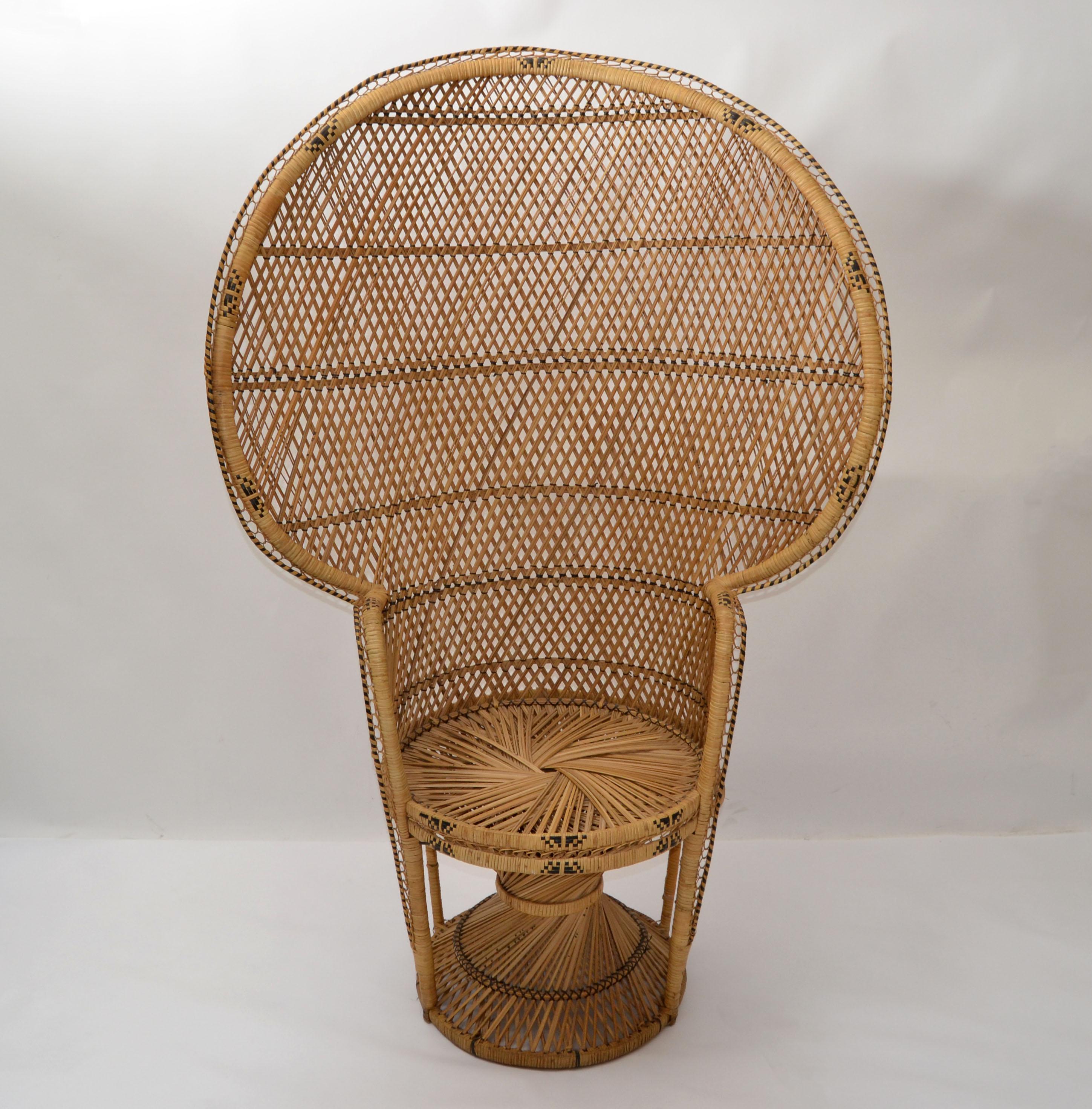 Vintage Boho Chic Handcrafted Beige & Black Wicker, Rattan, Reed Peacock Chair For Sale 7
