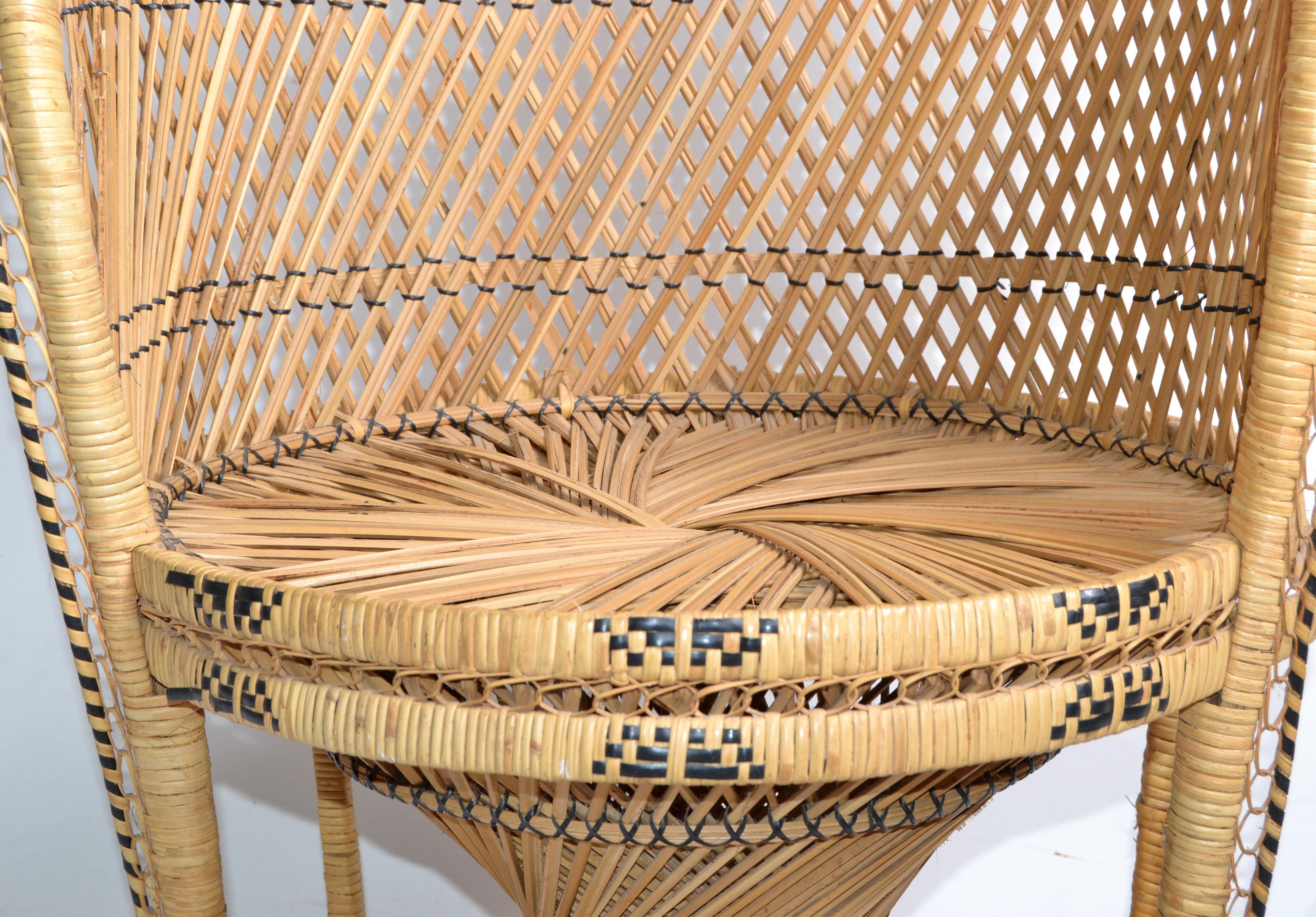 Vintage Boho Chic Handcrafted Beige & Black Wicker, Rattan, Reed Peacock Chair In Good Condition For Sale In Miami, FL