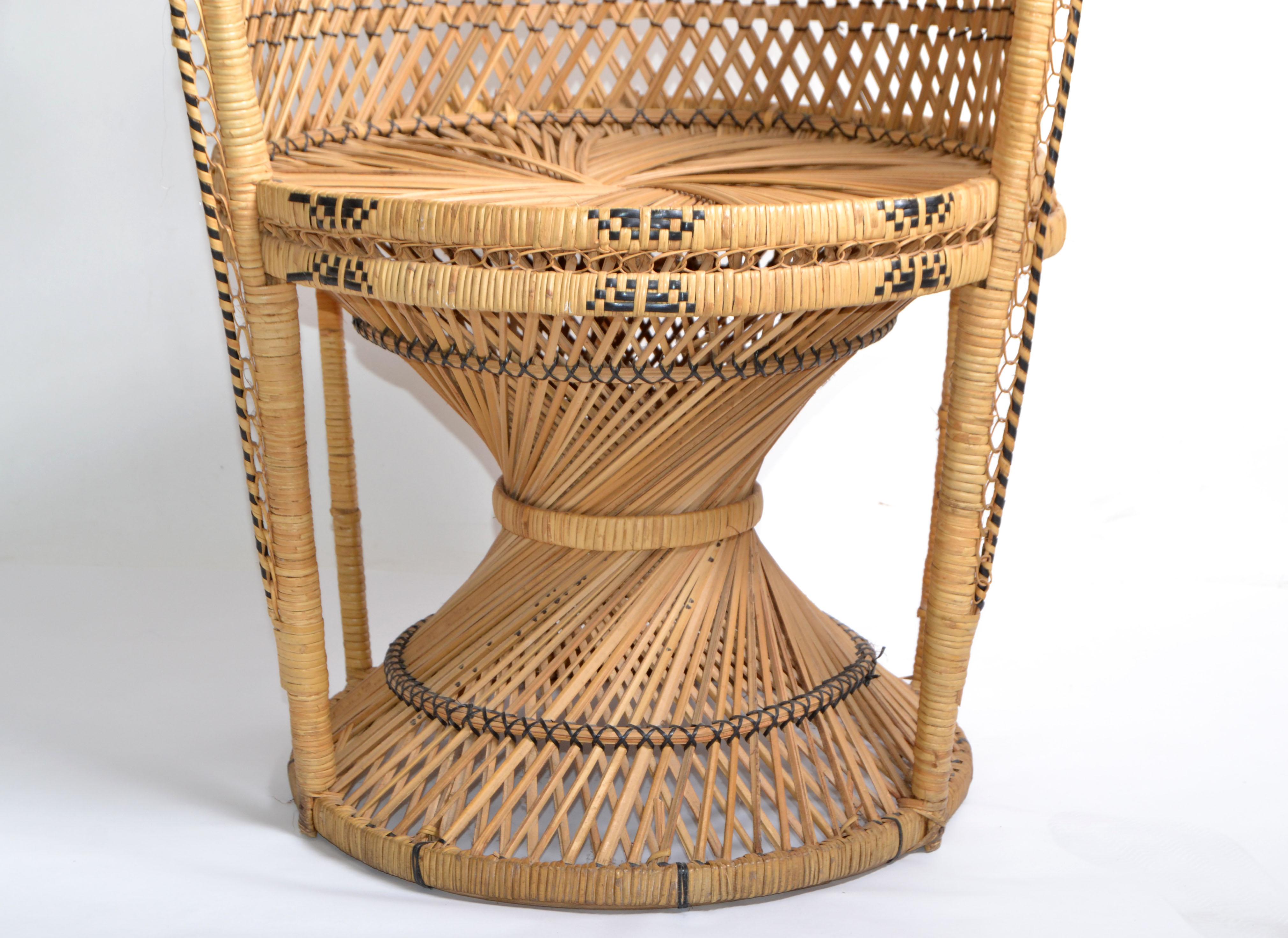 Late 20th Century Vintage Boho Chic Handcrafted Beige & Black Wicker, Rattan, Reed Peacock Chair For Sale