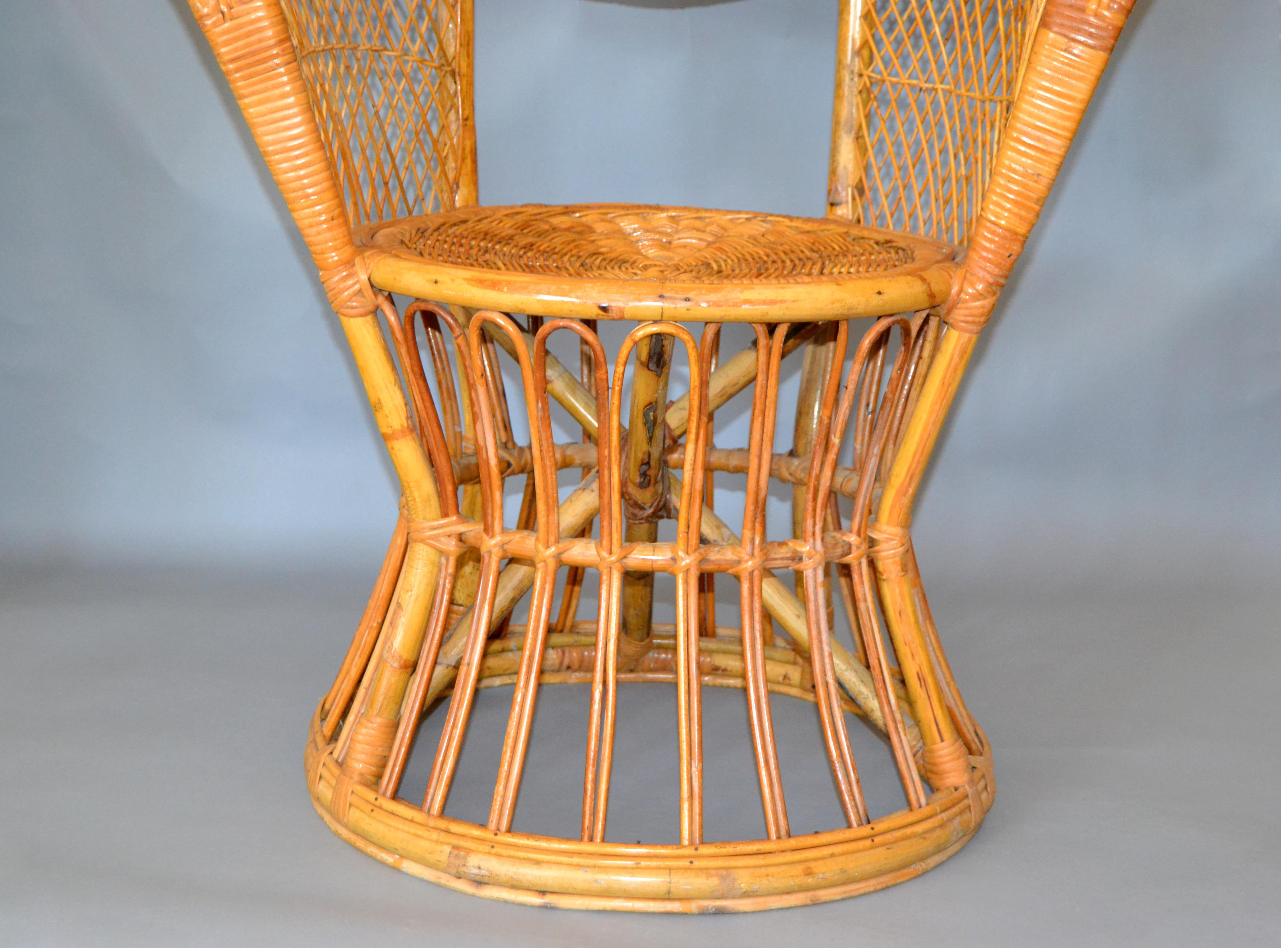 Vintage Boho Chic Handcrafted Wicker, Rattan and Reed Peacock High Back Chair In Good Condition In Miami, FL