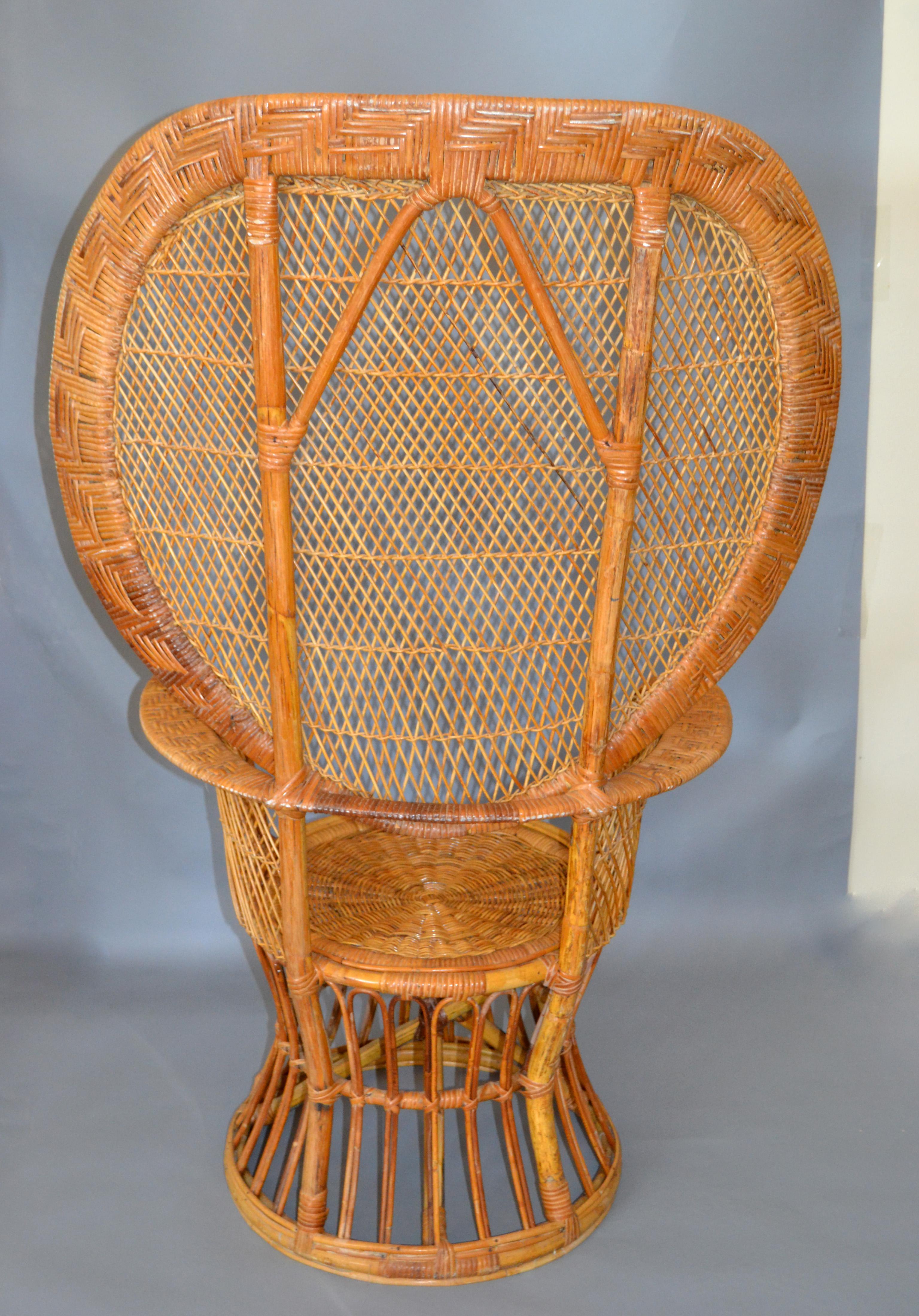 Mid-20th Century Vintage Boho Chic Handcrafted Wicker, Rattan and Reed Peacock High Back Chair