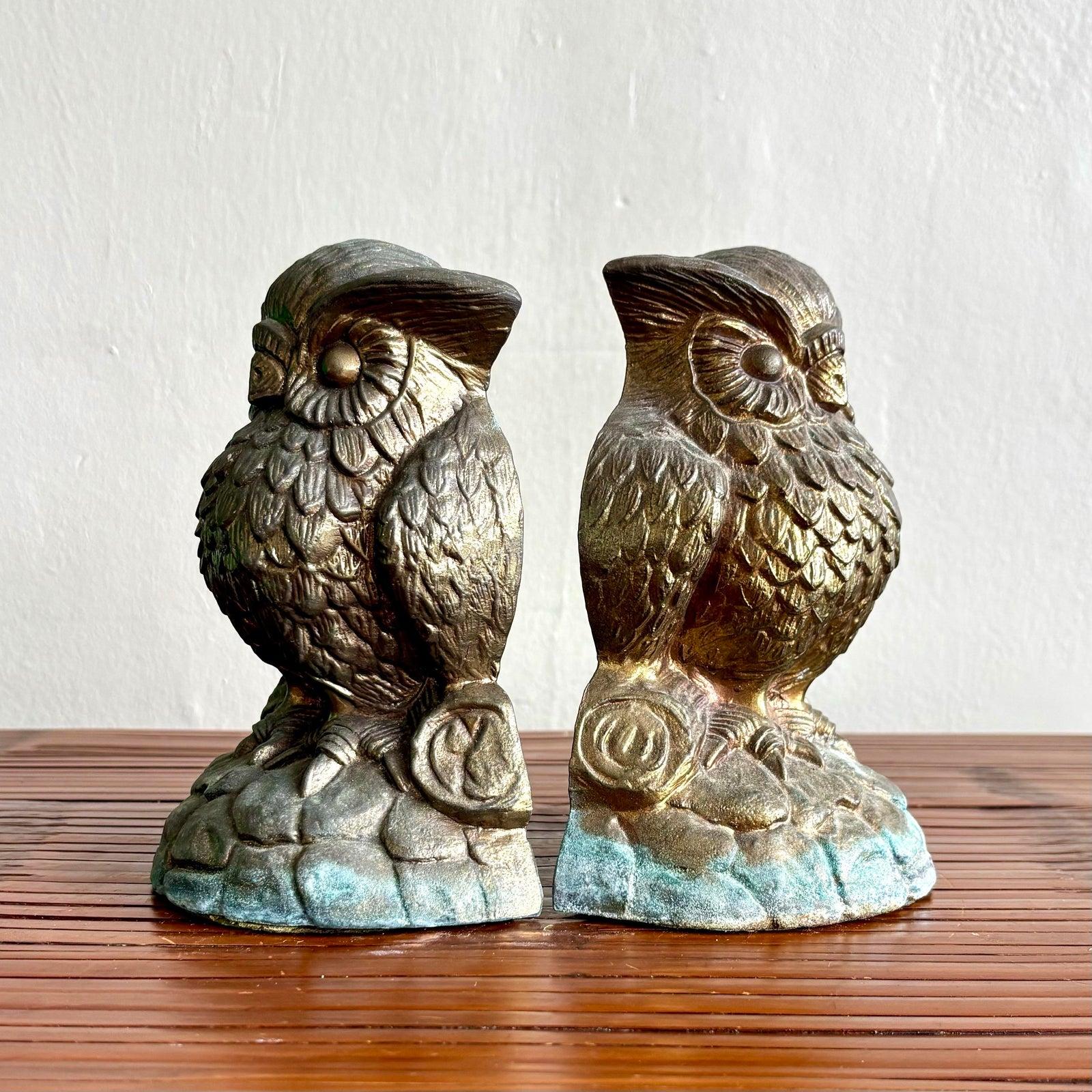 Dieses bezaubernde Paar Eulenfiguren aus Metallguss steht wachsam und gelassen auf einem strukturierten, felsigen Sockel, der an den Rändern einen Hauch von Patina aufweist. Ihr detailliertes Gefieder, die großen Augen und die geschwungenen Brauen